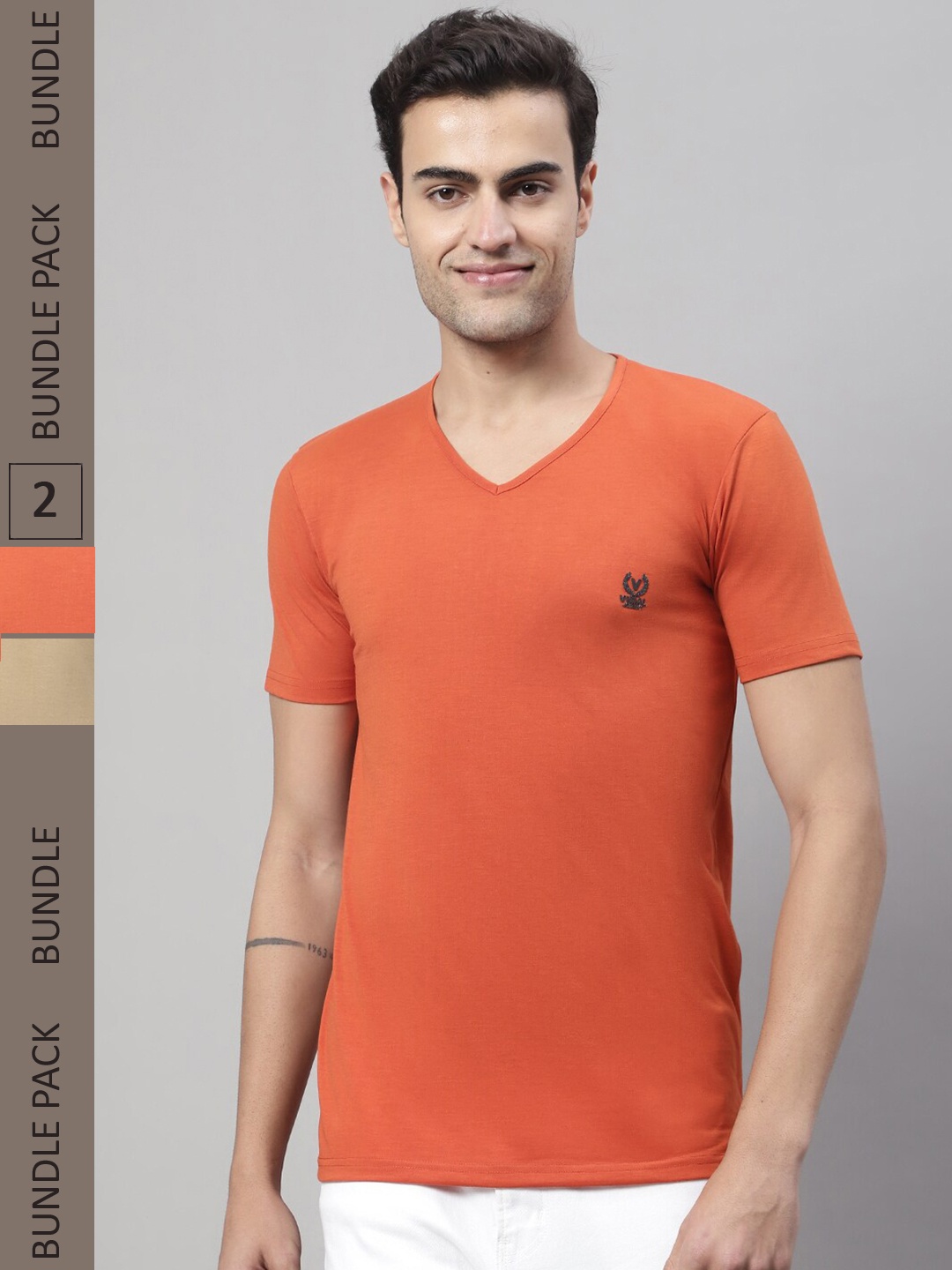 

VIMAL JONNEY Pack Of 2 V-Neck Regular Fit Cotton T-shirt, Coral