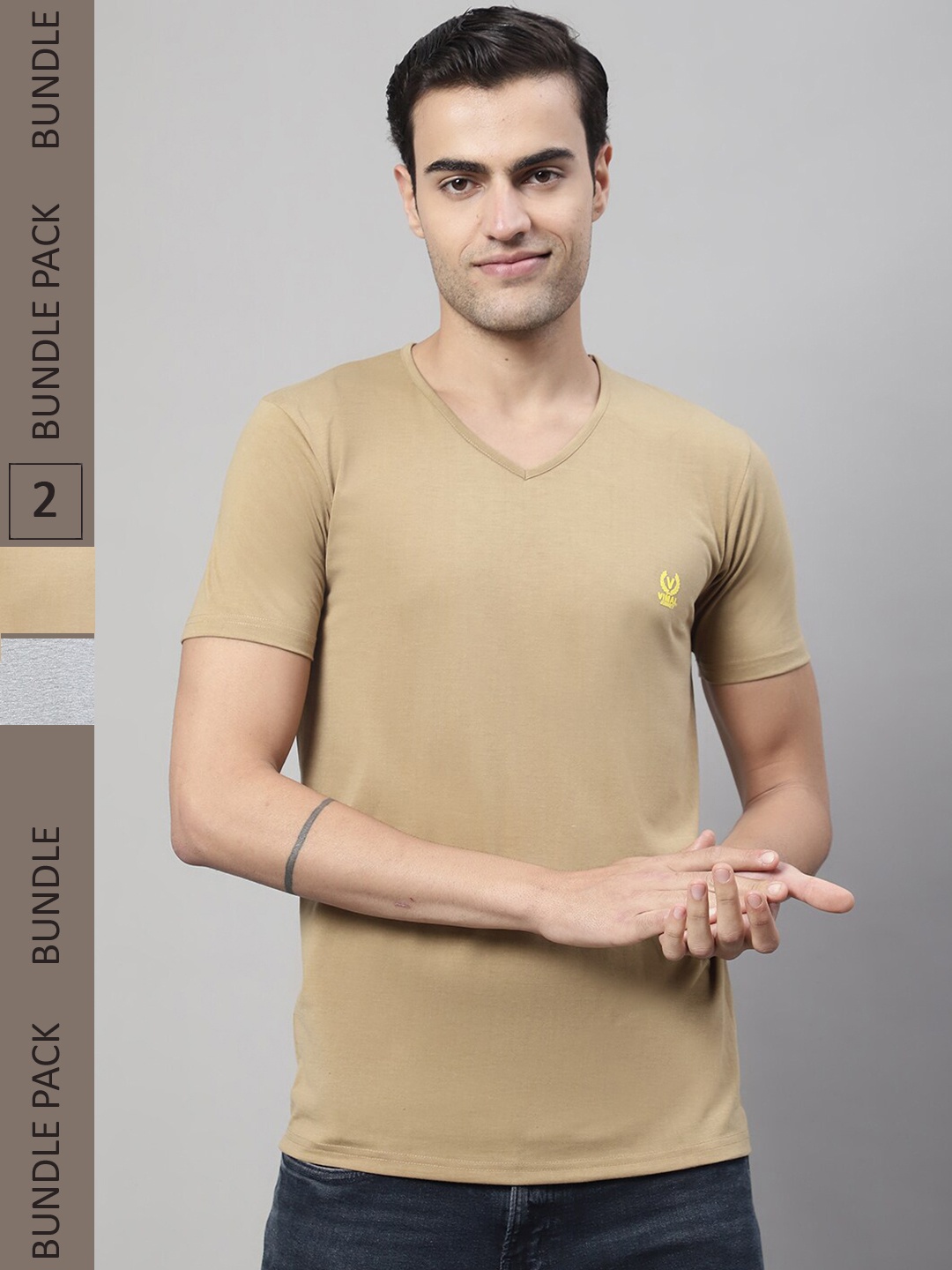 

MACK JONNEY Pack Of 2 V-Neck Regular Fit Cotton T-shirt, Beige