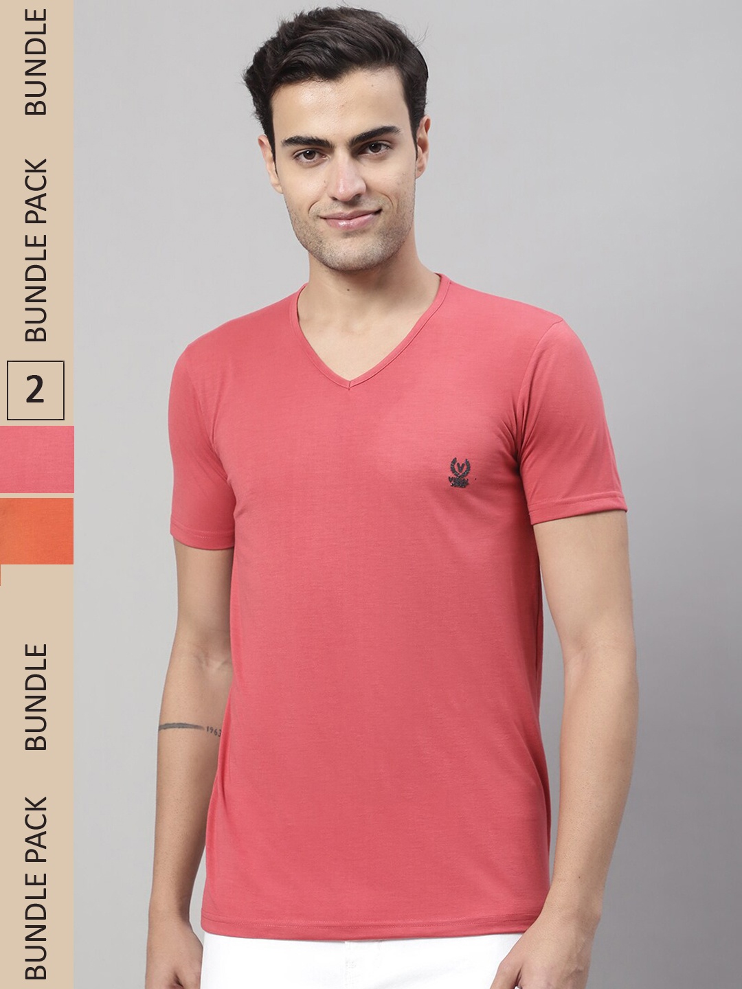 

MACK JONNEY Pack Of 2 V-Neck Regular Fit Cotton T-shirt, Coral