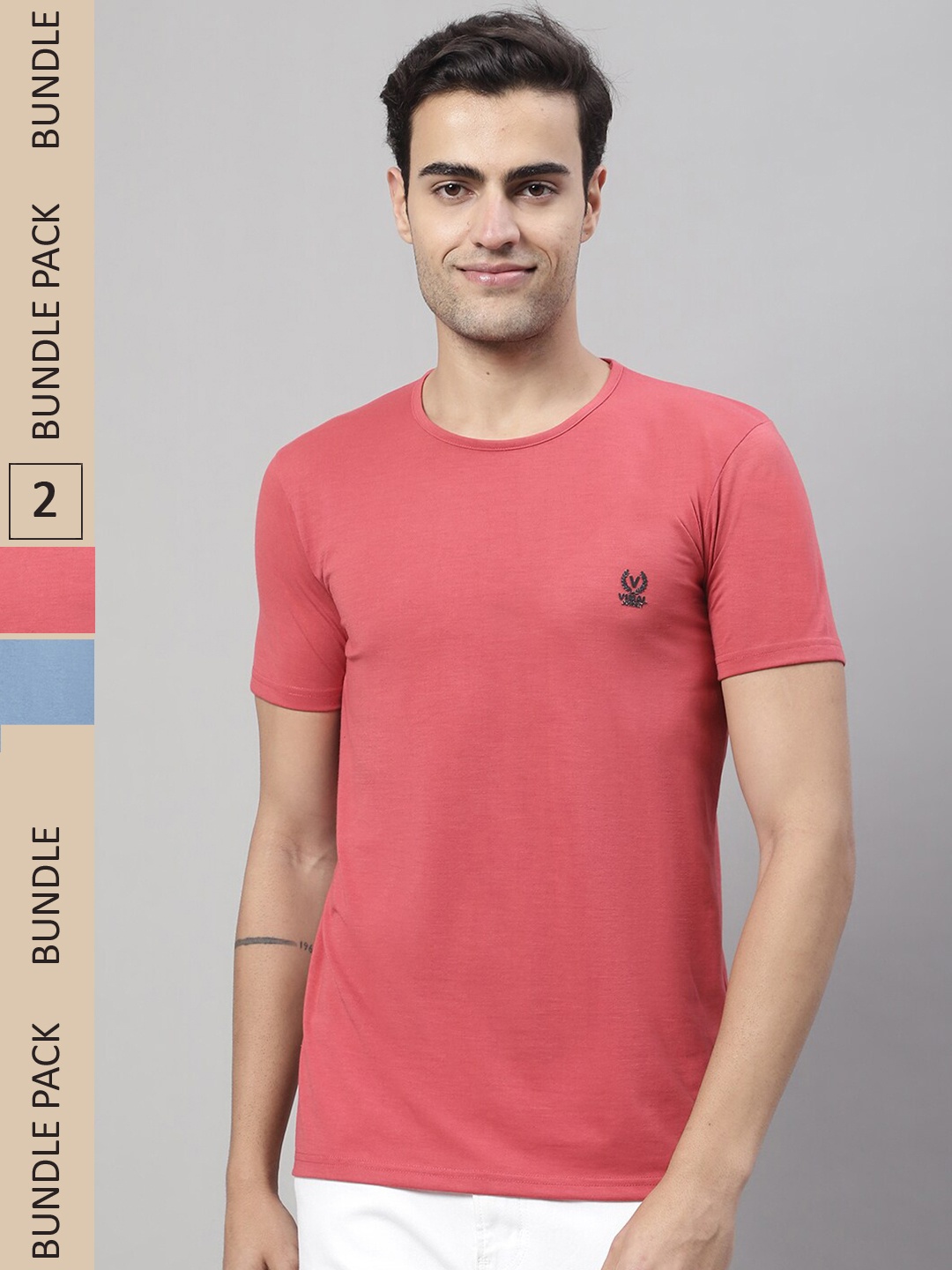 

VIMAL JONNEY Pack of 2 Round Neck Cotton T-shirt, Coral