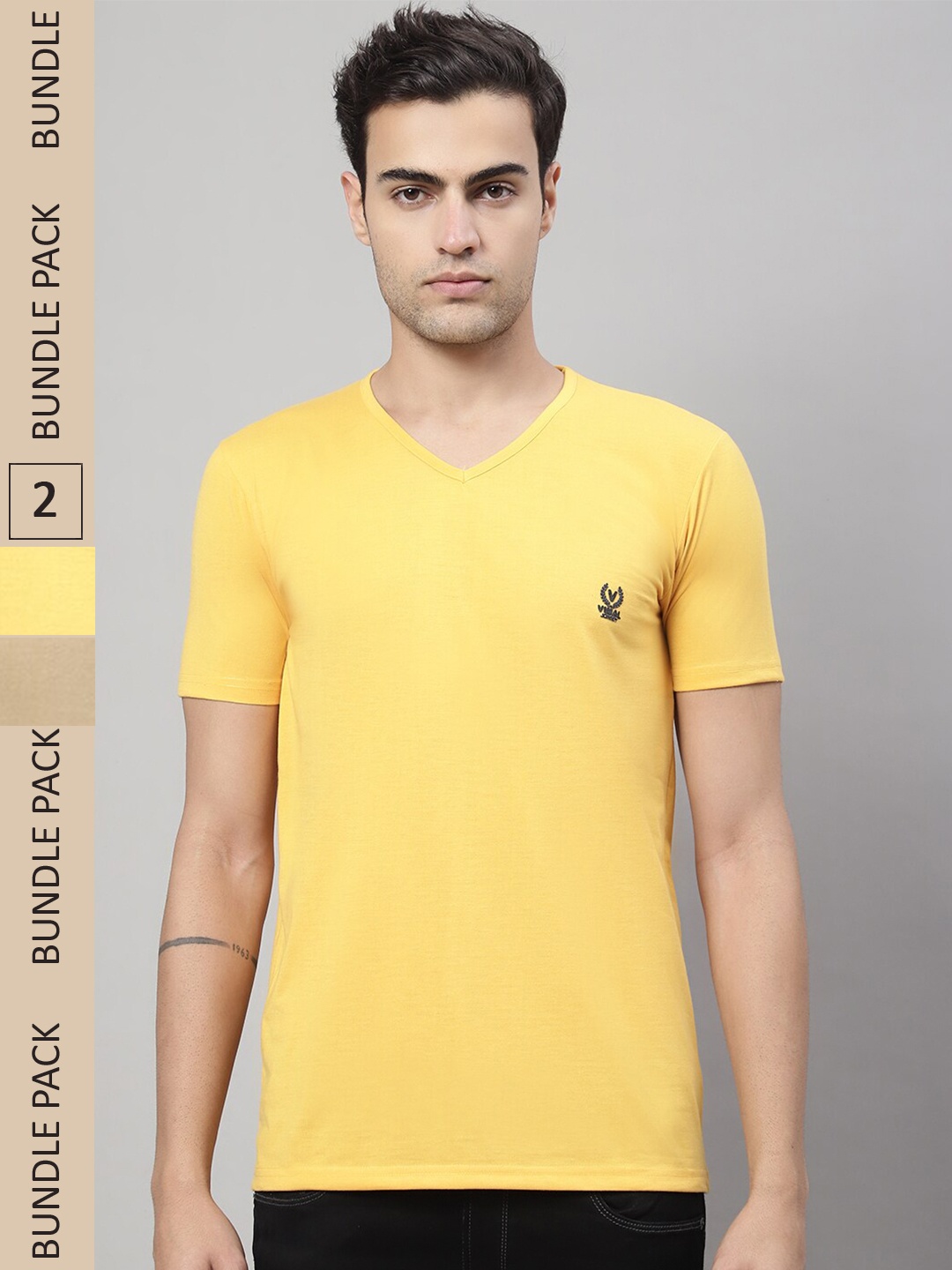

MACK JONNEY Pack of 2 V-Neck Cotton T-shirts, Yellow