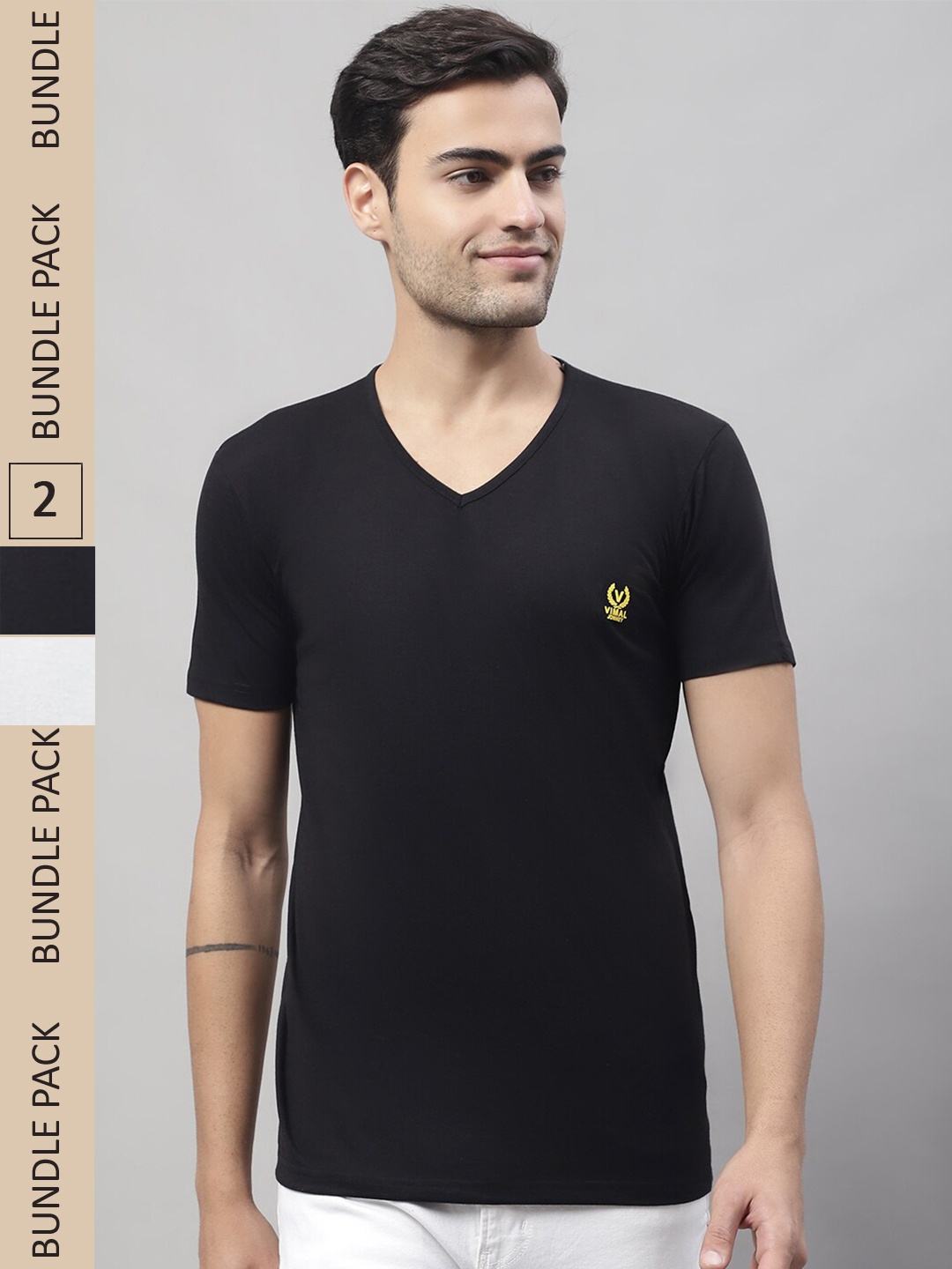 

VIMAL JONNEY Pack of 2 V-Neck Cotton T-shirt, Black