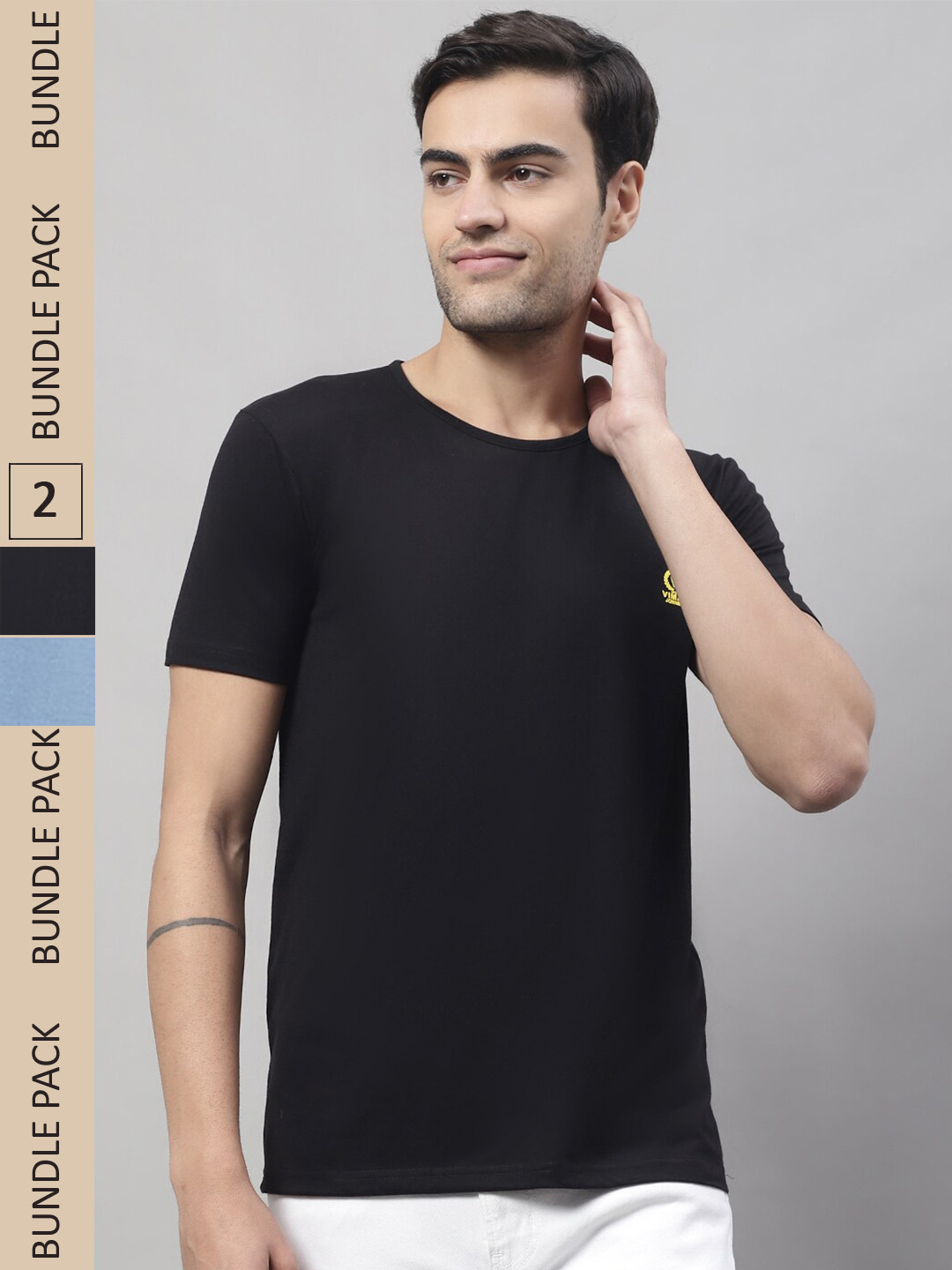 

VIMAL JONNEY Pack Of 2 Round Neck Cotton T-shirt, Black