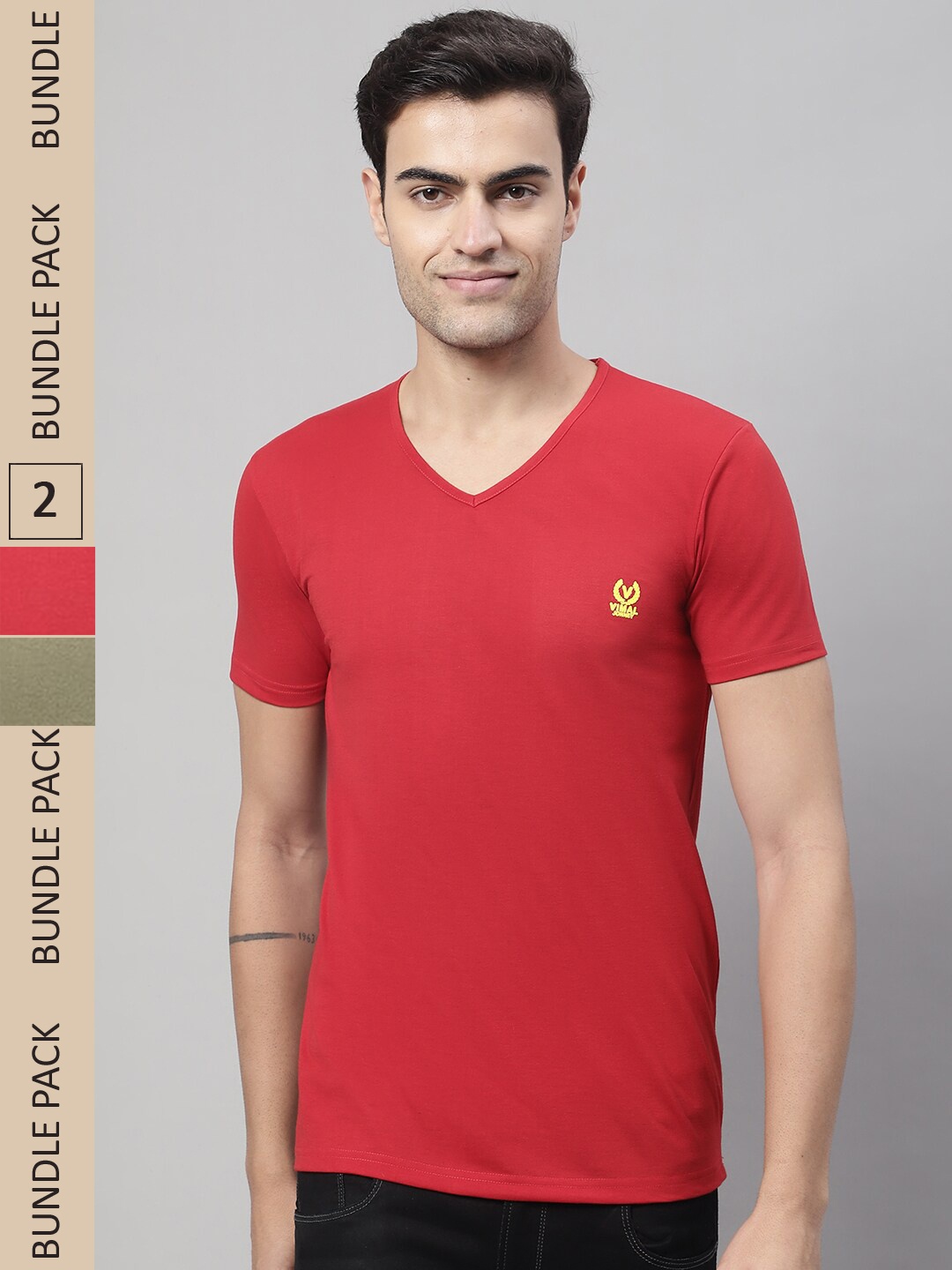 

VIMAL JONNEY Pack Of 2 V-Neck Cotton T-shirt, Red