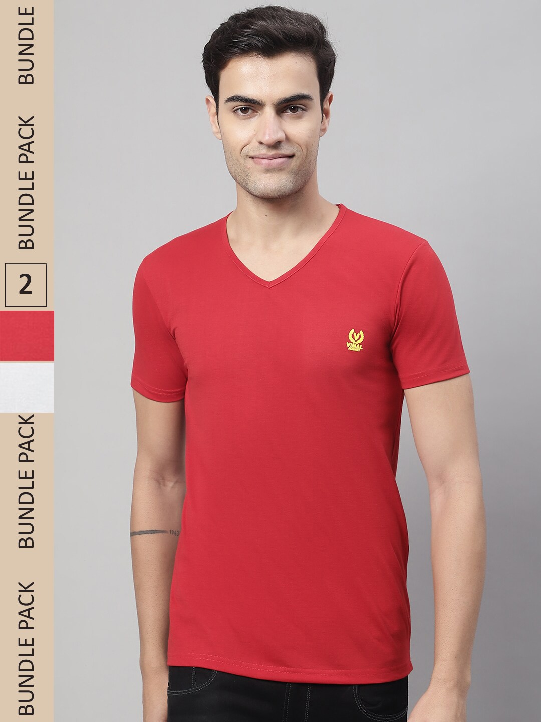 

VIMAL JONNEY Pack Of 2 V-Neck Cotton T-shirt, Red
