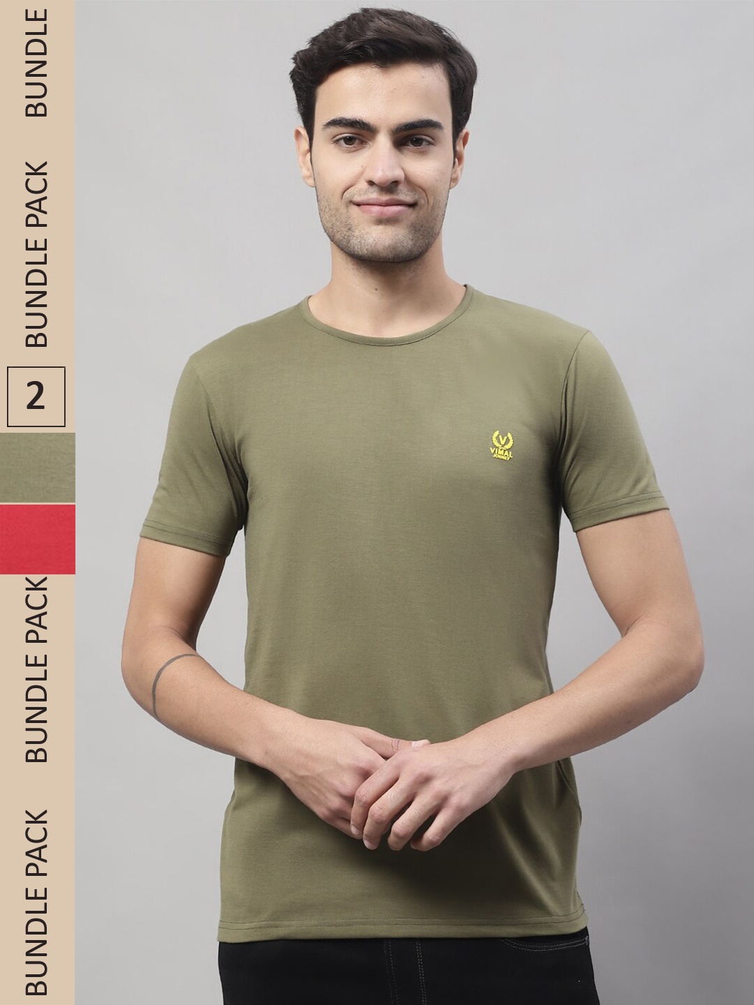 

VIMAL JONNEY Pack of 2 Round Neck Cotton T-shirt, Olive