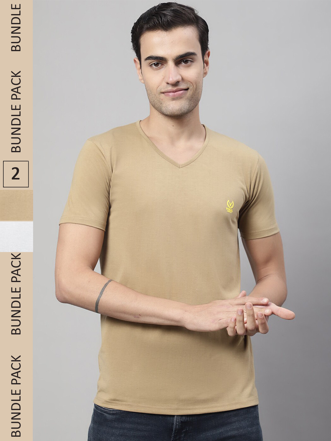 

MACK JONNEY Pack Of 2 V-Neck Cotton T-shirt, Beige