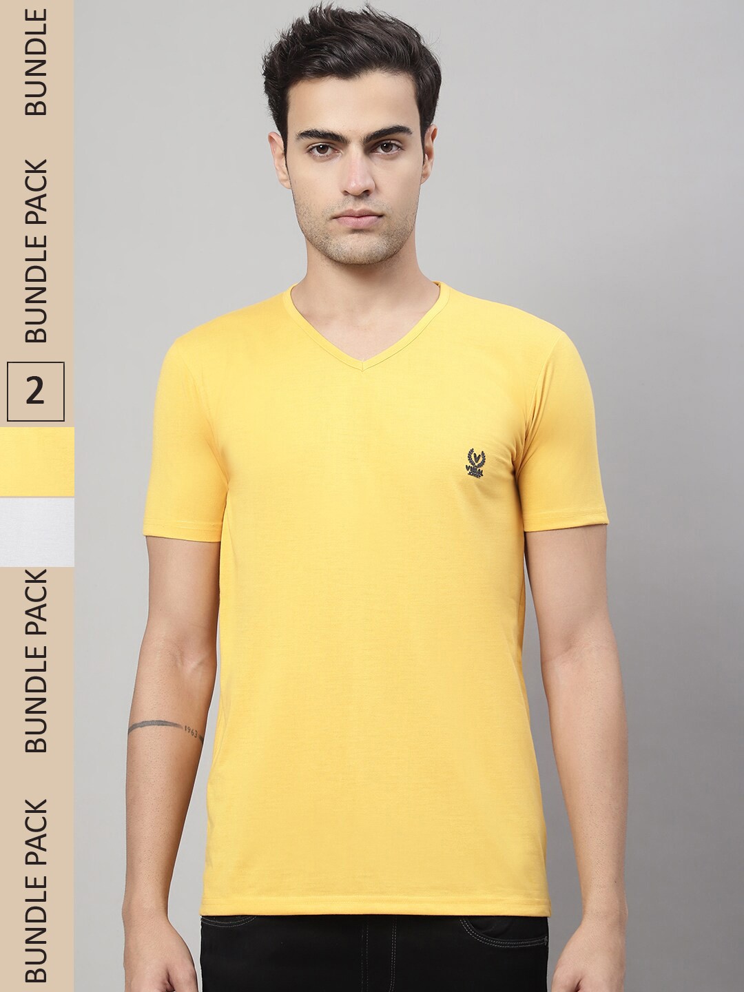 

MACK JONNEY Pack Of 2 V-Neck Cotton T-shirt, Yellow