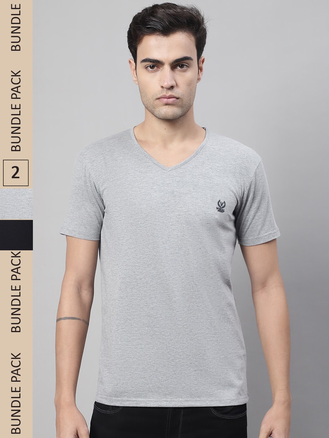 

MACK JONNEY Pack Of 2 V-Neck Cotton T-shirt, Grey melange