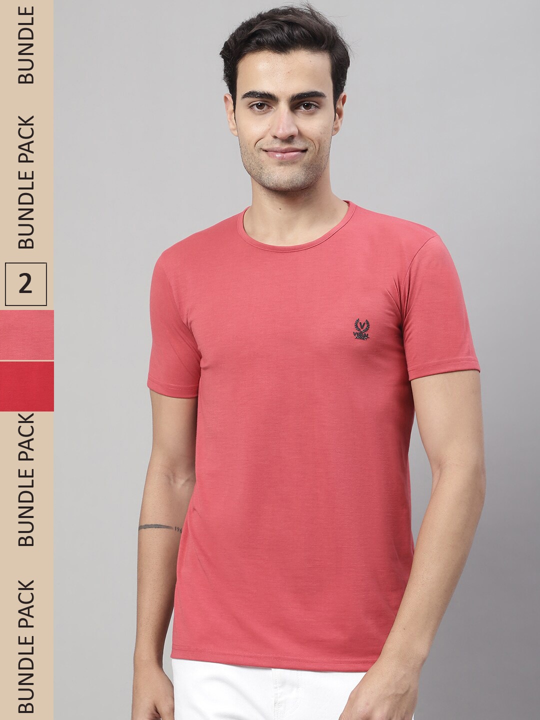 

VIMAL JONNEY Pack of 2 Round Neck Cotton T-shirt, Peach