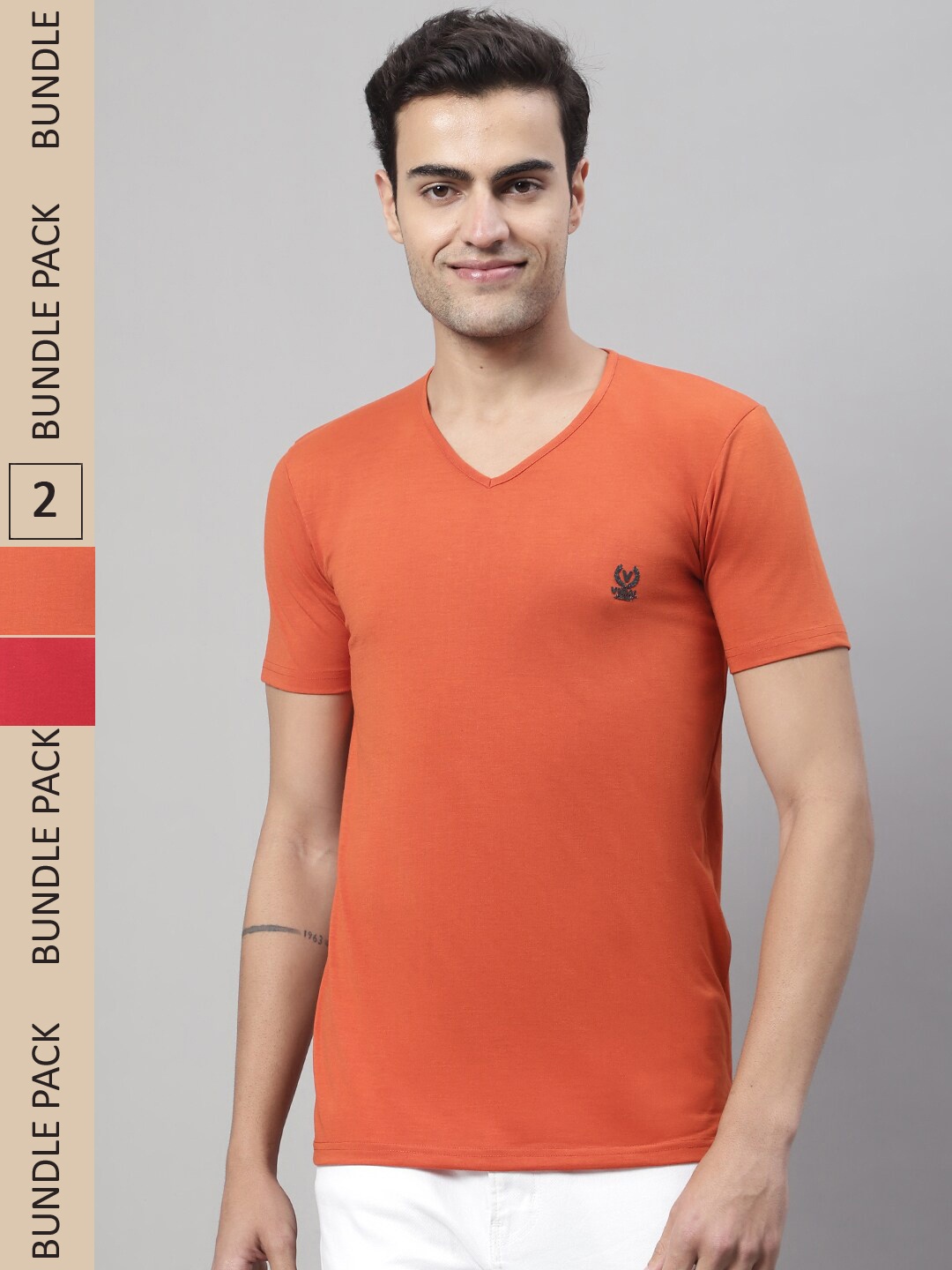 

VIMAL JONNEY Pack Of 2 V-Neck Cotton T-shirt, Orange