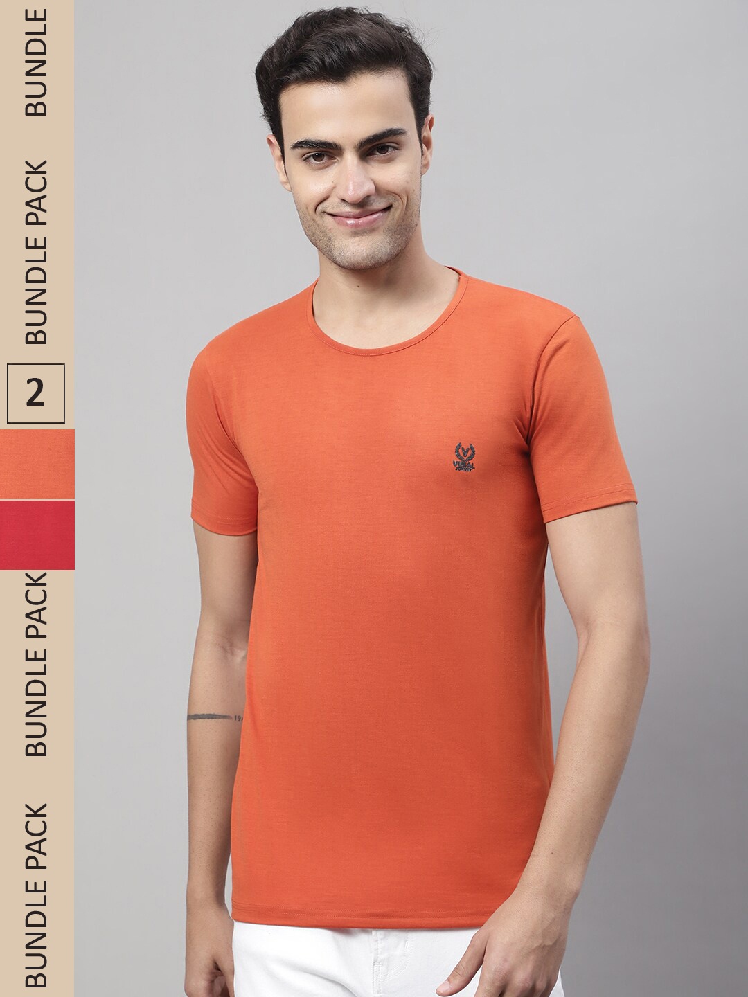 

VIMAL JONNEY Pack Of 2 V-Neck Cotton T-shirt, Orange