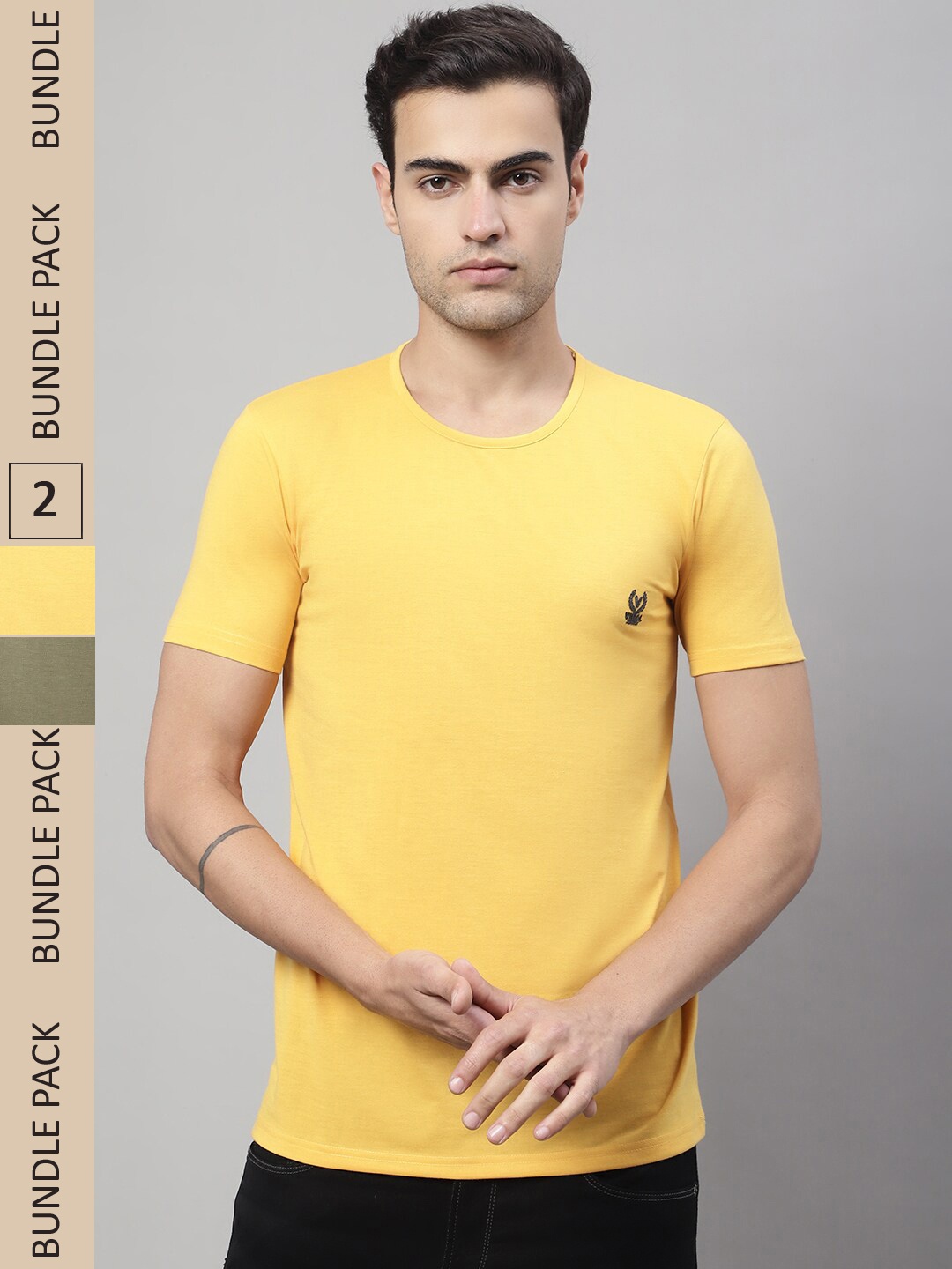 

MACK JONNEY Pack Of 2 Round Neck Cotton T-shirt, Yellow