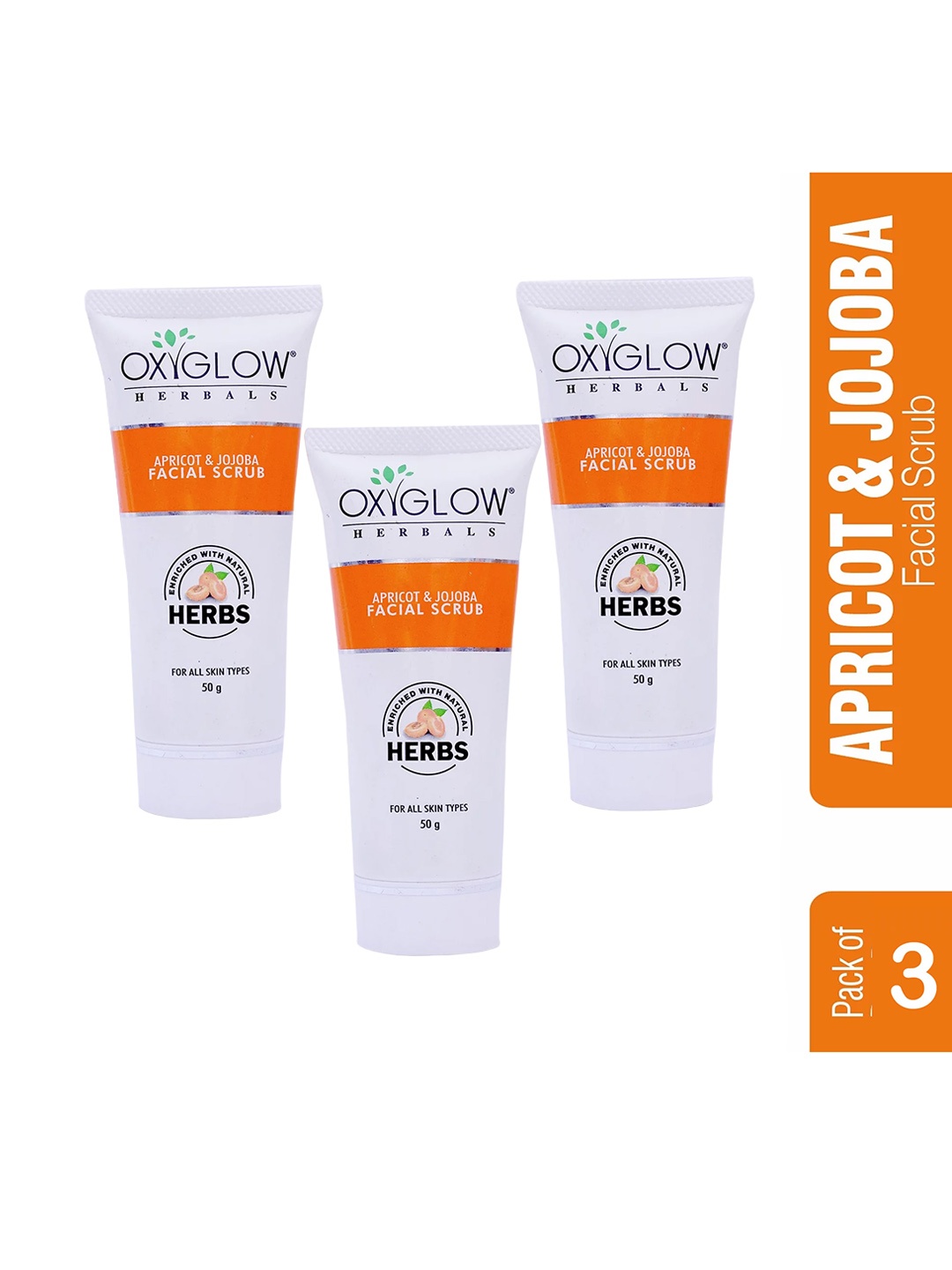 

Oxyglow Naturals Set Of 3 Apricot & Jojoba Facial Scrub Enriched With Natural Herbs 50 gm Each, White