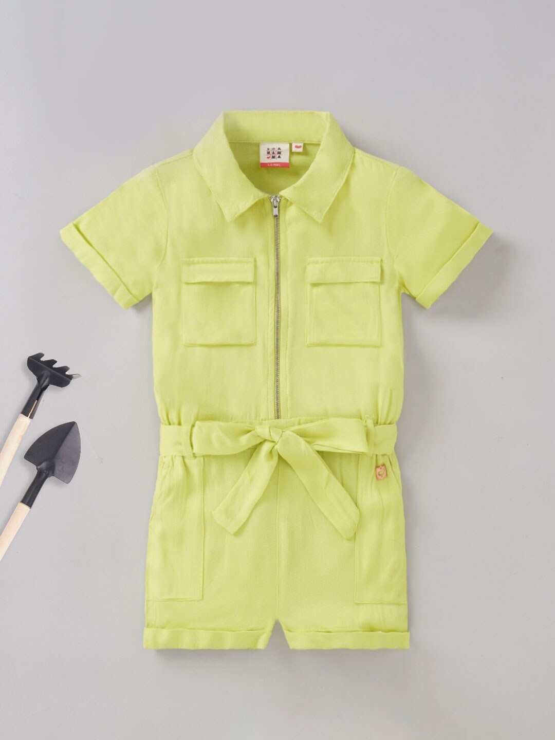 

Ed-a-Mamma Girls Waist Tie-Ups Cotton Jumpsuit, Lime green