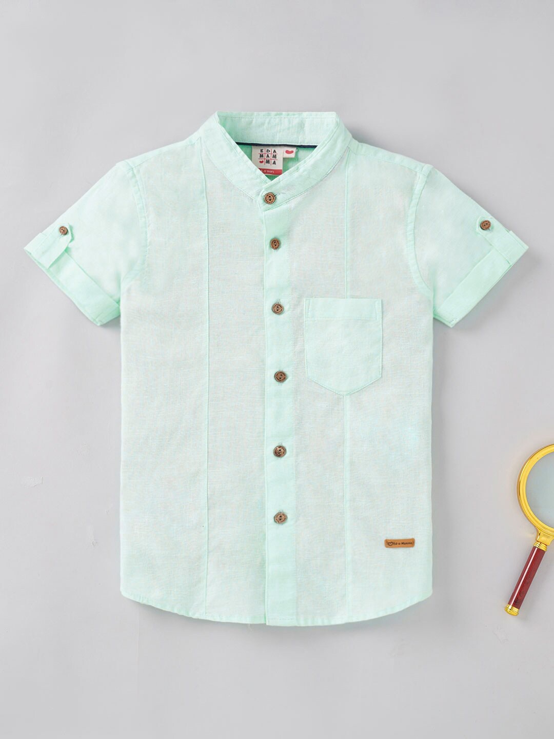 

Ed-a-Mamma Boys Mandarin Collar Roll-Up Sleeves Casual Cotton Shirt, Sea green