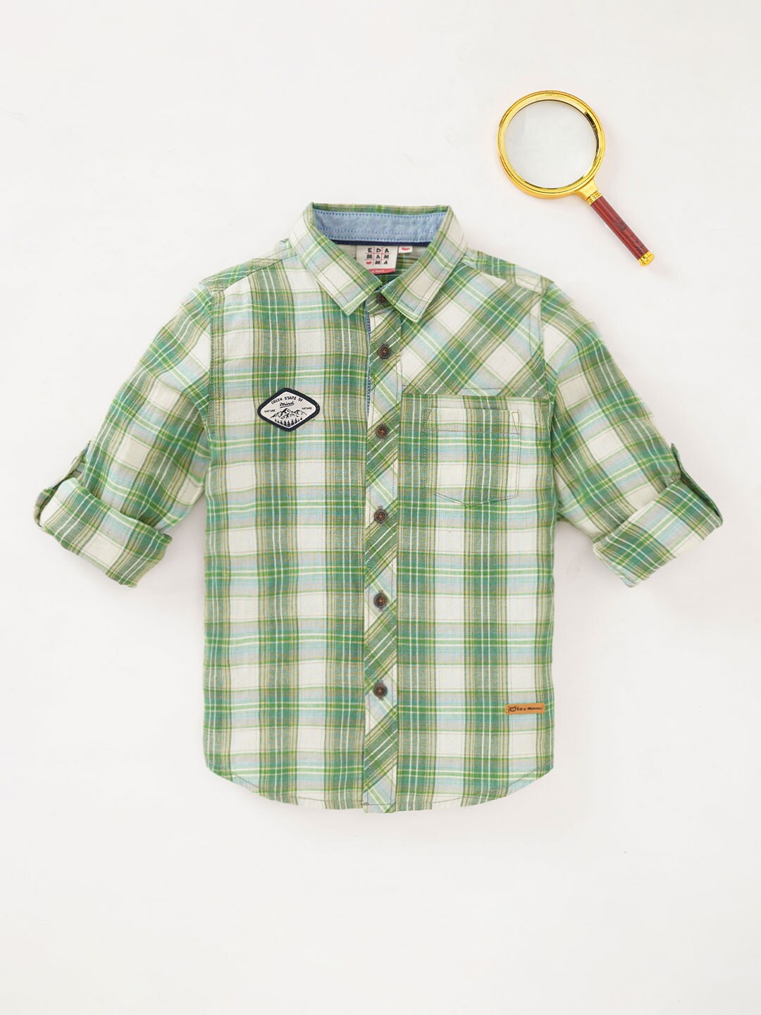 

Ed-a-Mamma Boys Tartan Checks Spread Collar Roll-Up Sleeves Casual Shirt, Green