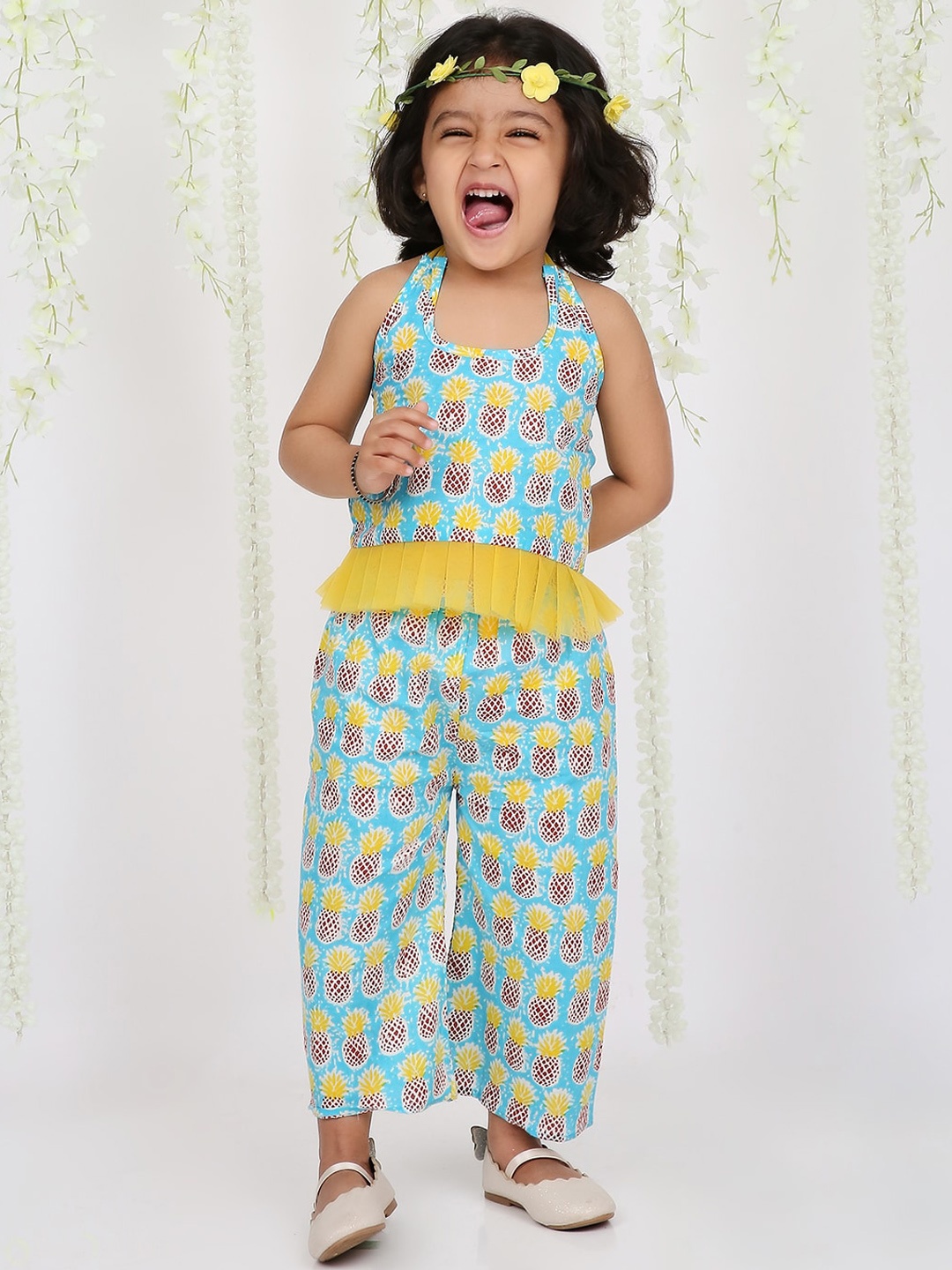 

KID1 Girls Printed Pure Cotton Halter Neck Sleeveless Top with Trousers Clothing Set, Turquoise blue