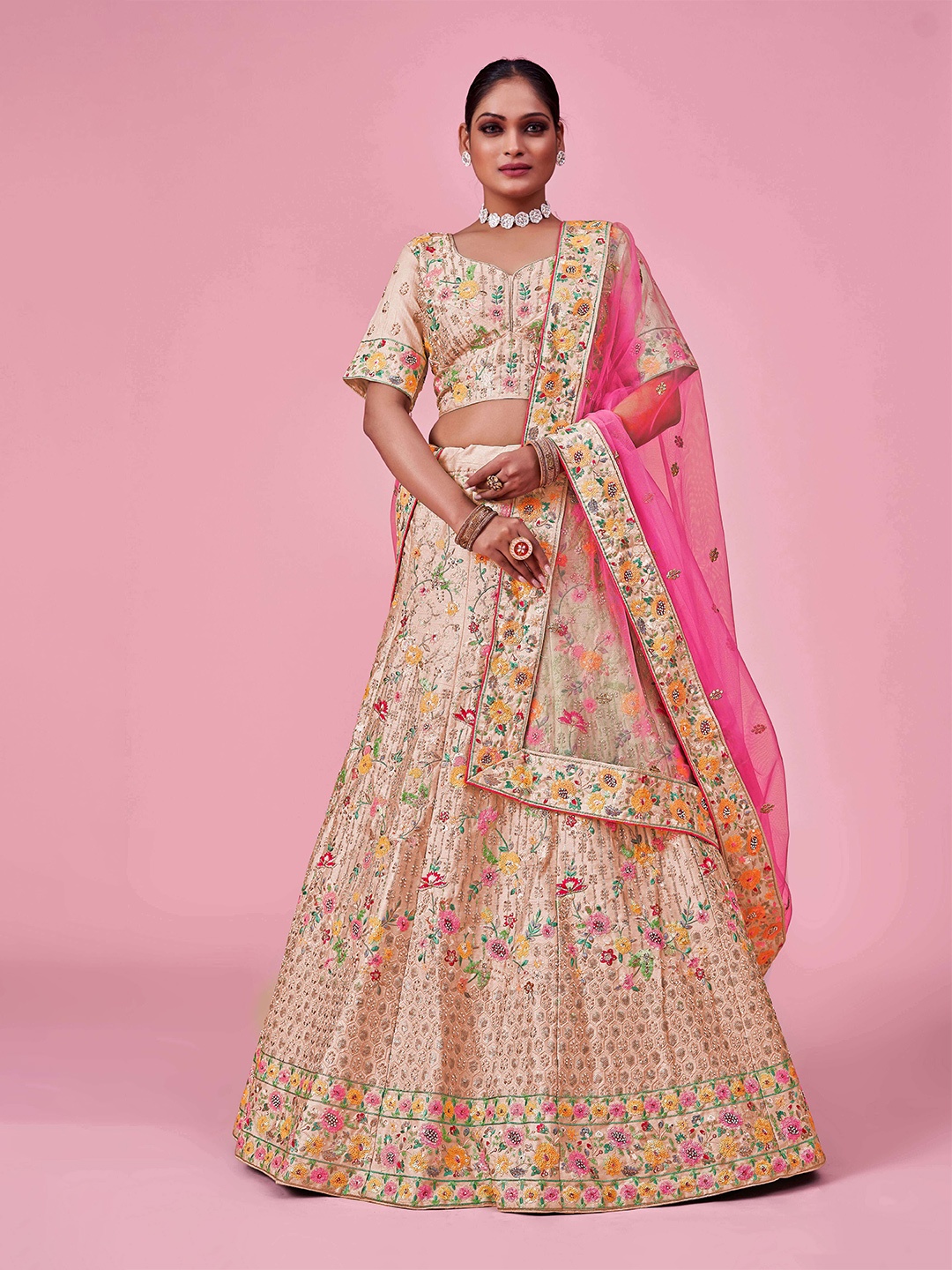 

Fusionic Embroidered Sequinned Semi-Stitched Lehenga & Unstitched Blouse With Dupatta, Peach