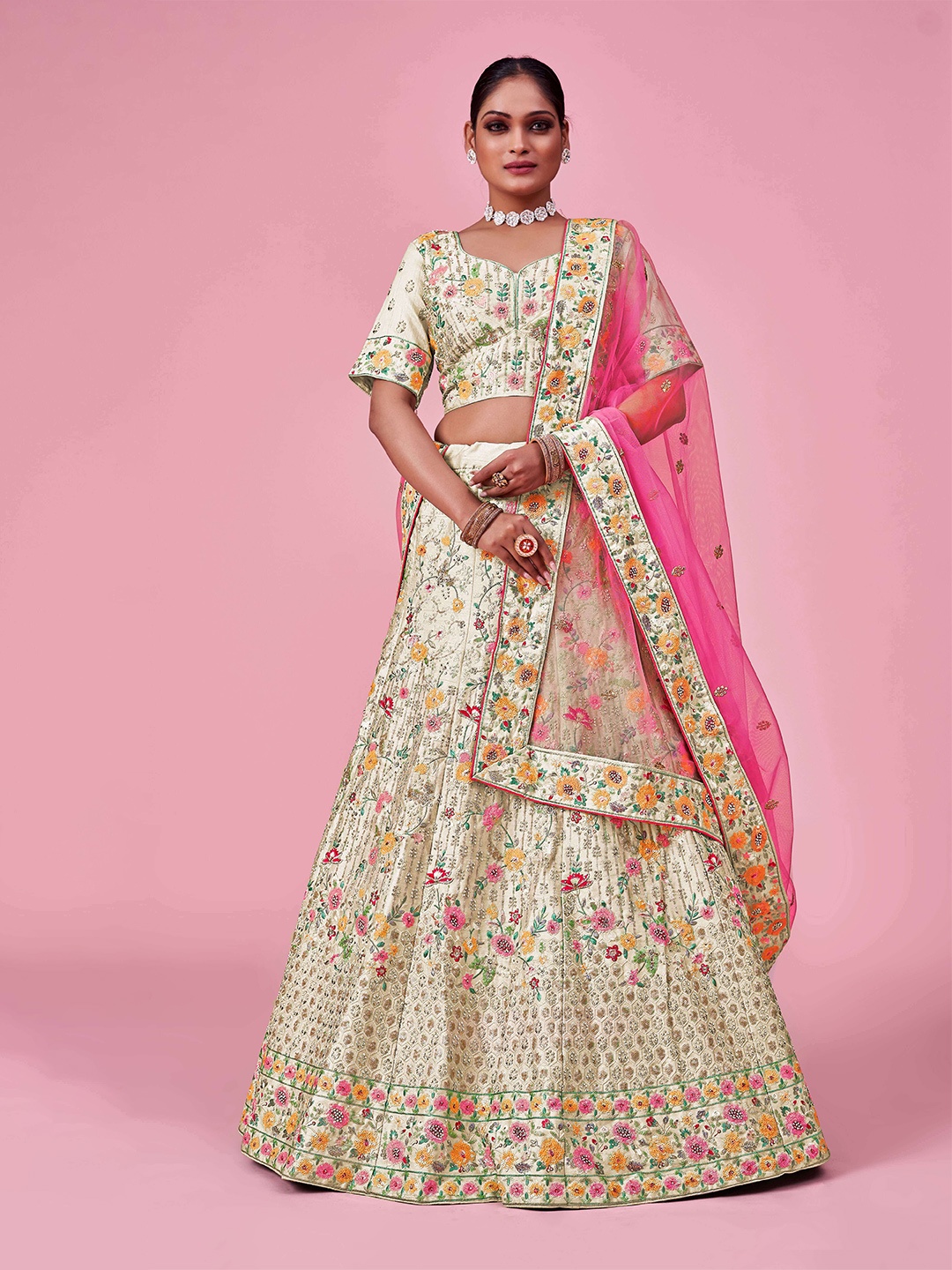 

Fusionic Embroidered Sequinned Semi-Stitched Lehenga & Unstitched Blouse With Dupatta, Off white