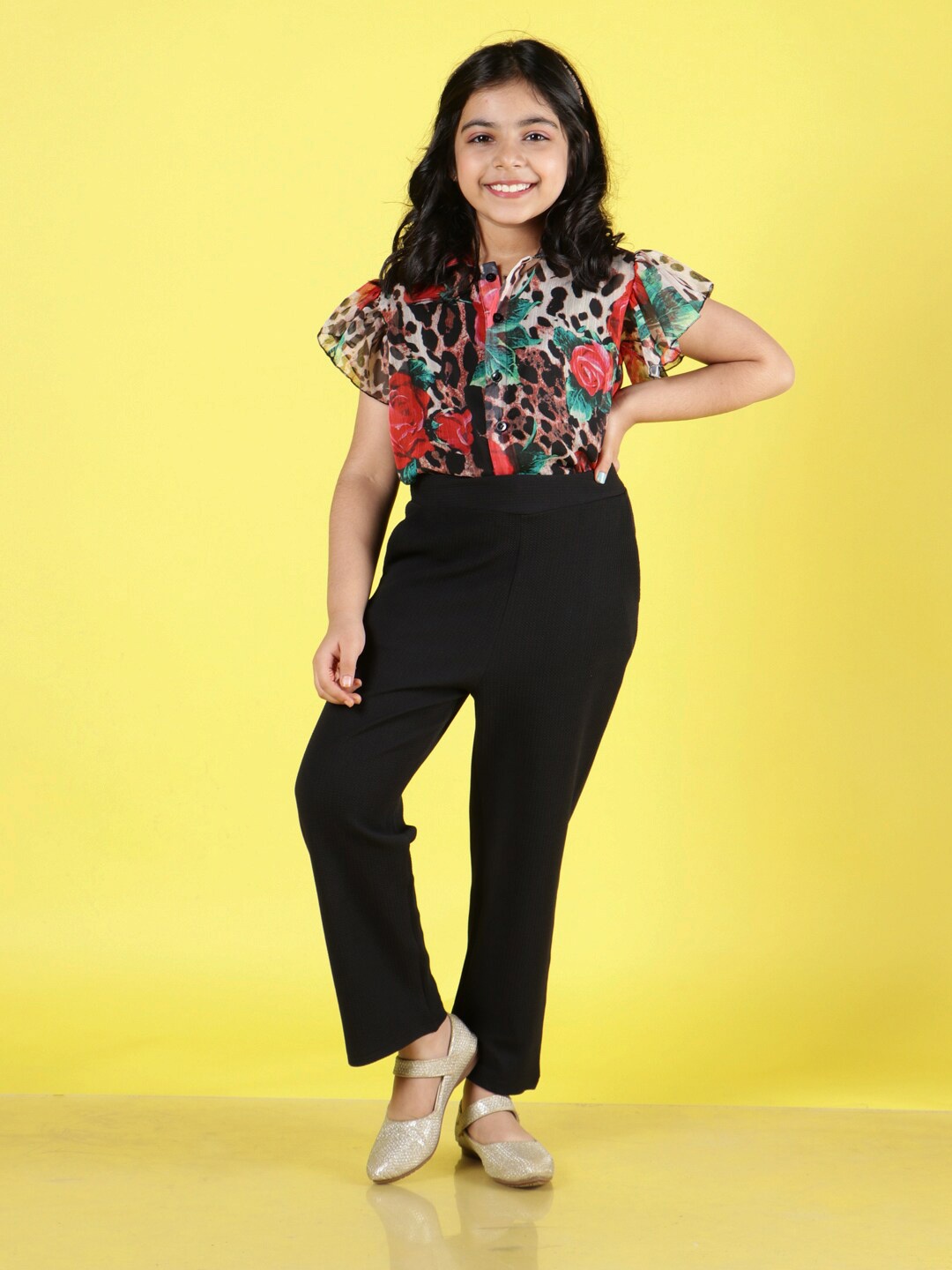 

NEUDIS Teens Girls Animal Printed Shirt Collar Shirt with Trousers, Black