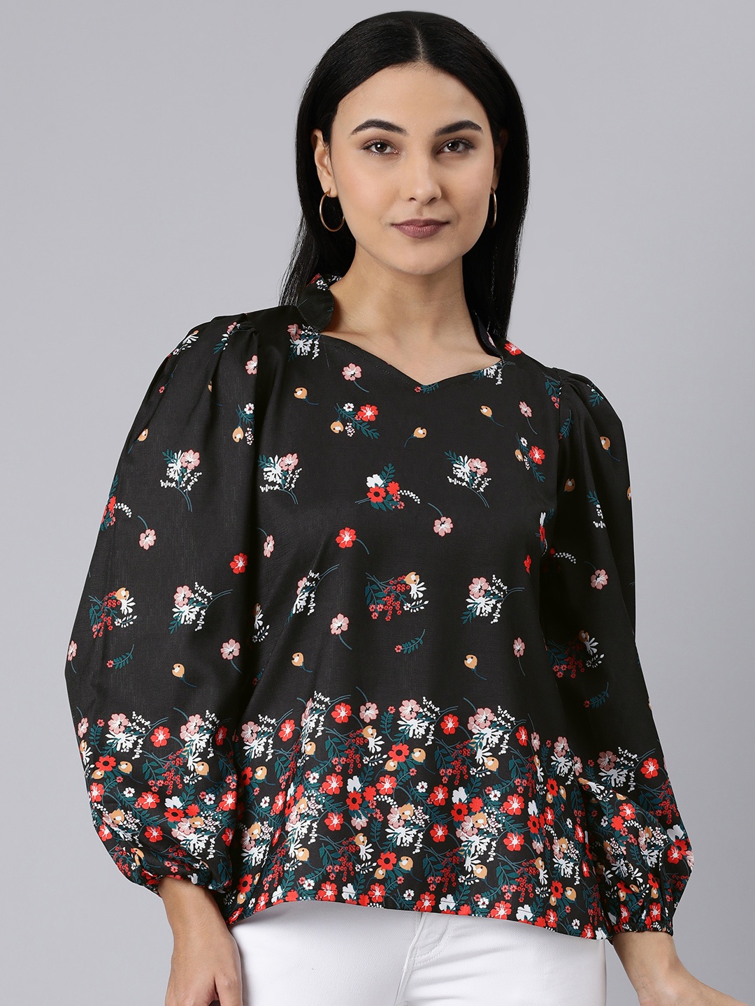 

WESTHOOD Floral Print Mandarin Collar Puff Sleeves Cotton Top, Black