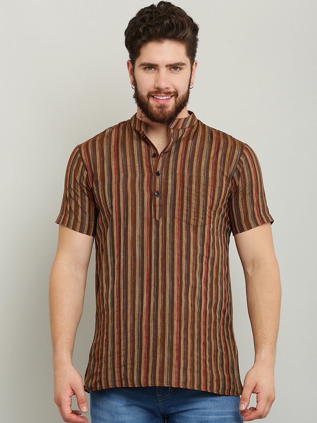 

Waahiba Mandarin Collar Striped Straight Kurta, Mustard