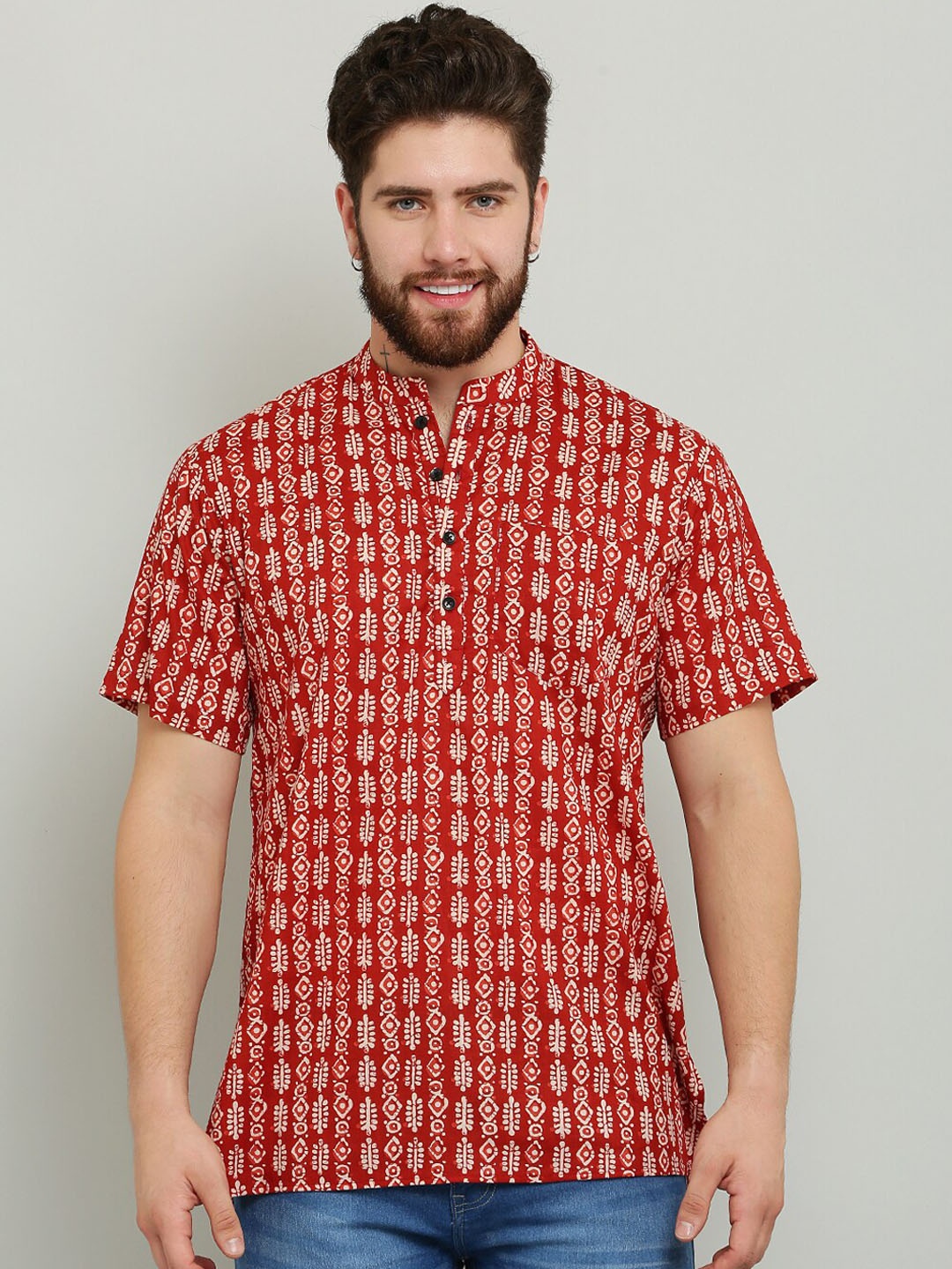 

Waahiba Ethnic Motifs Printed Mandarin Collar Pure Cotton Kurta, Red