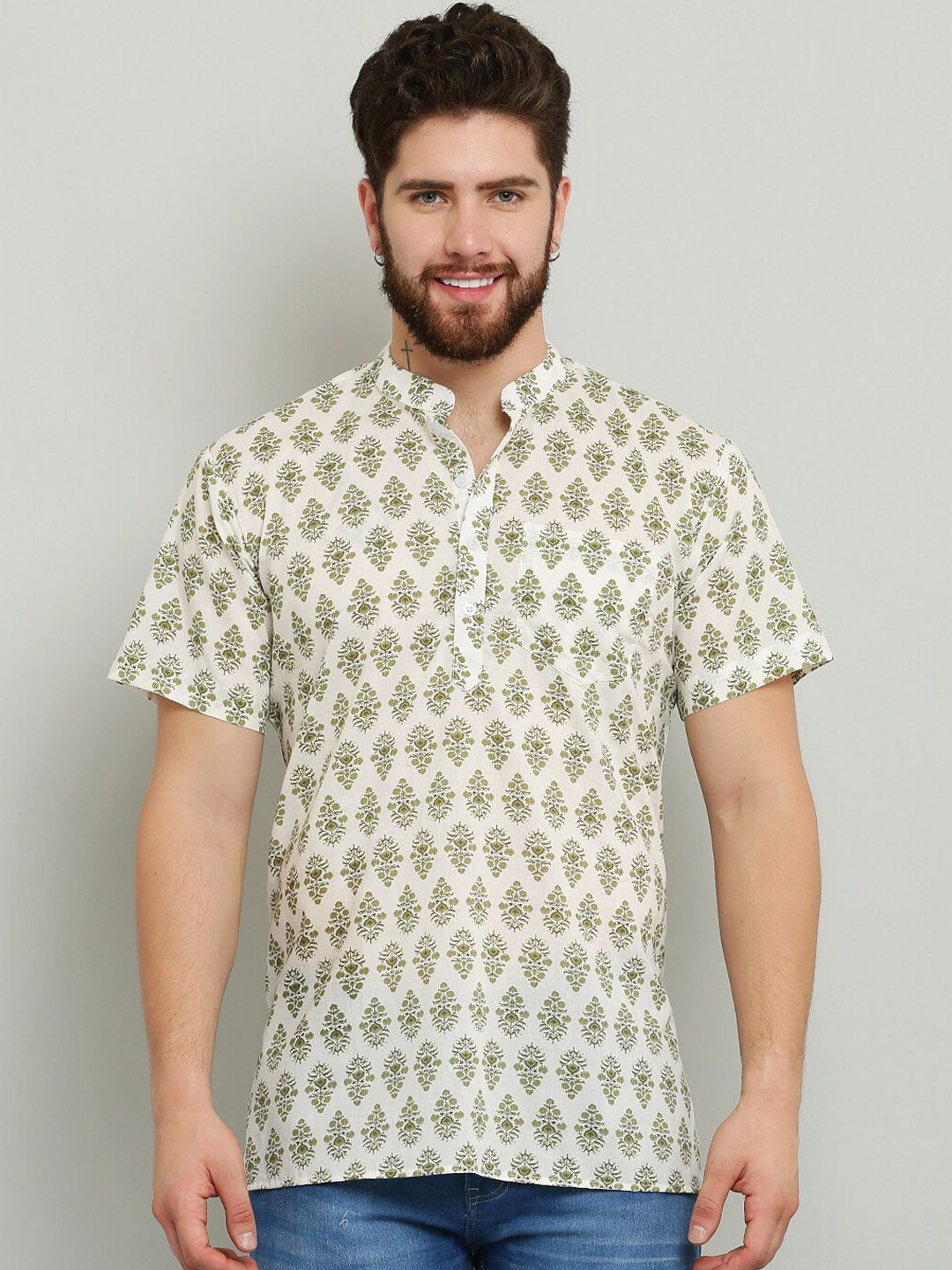 

Waahiba Mandarin Collar Ethnic Motifs Printed Straight Cotton Kurta, Off white