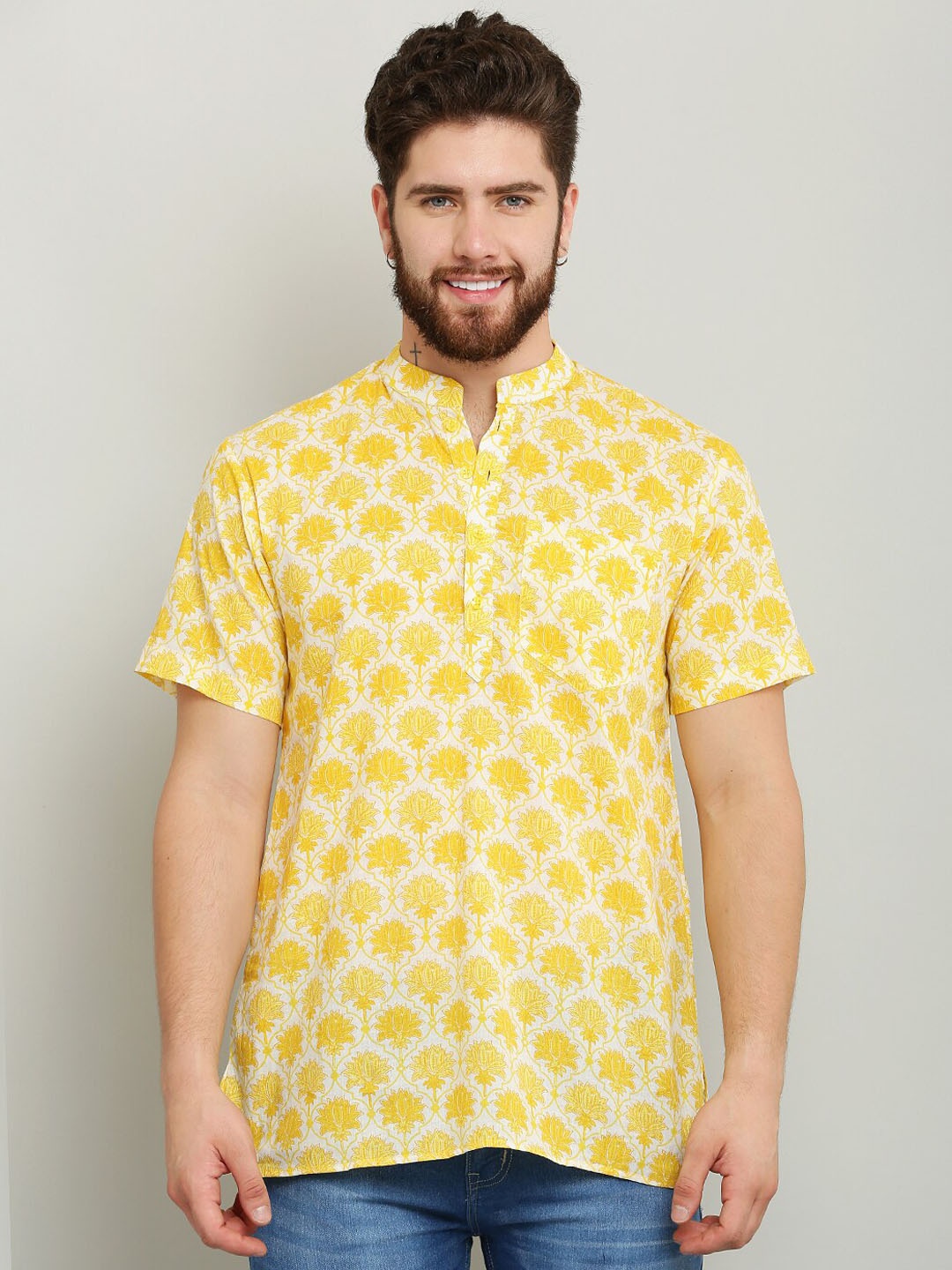 

Waahiba Mandarin Collar Ethnic Motifs Printed Straight Cotton Kurta, Yellow