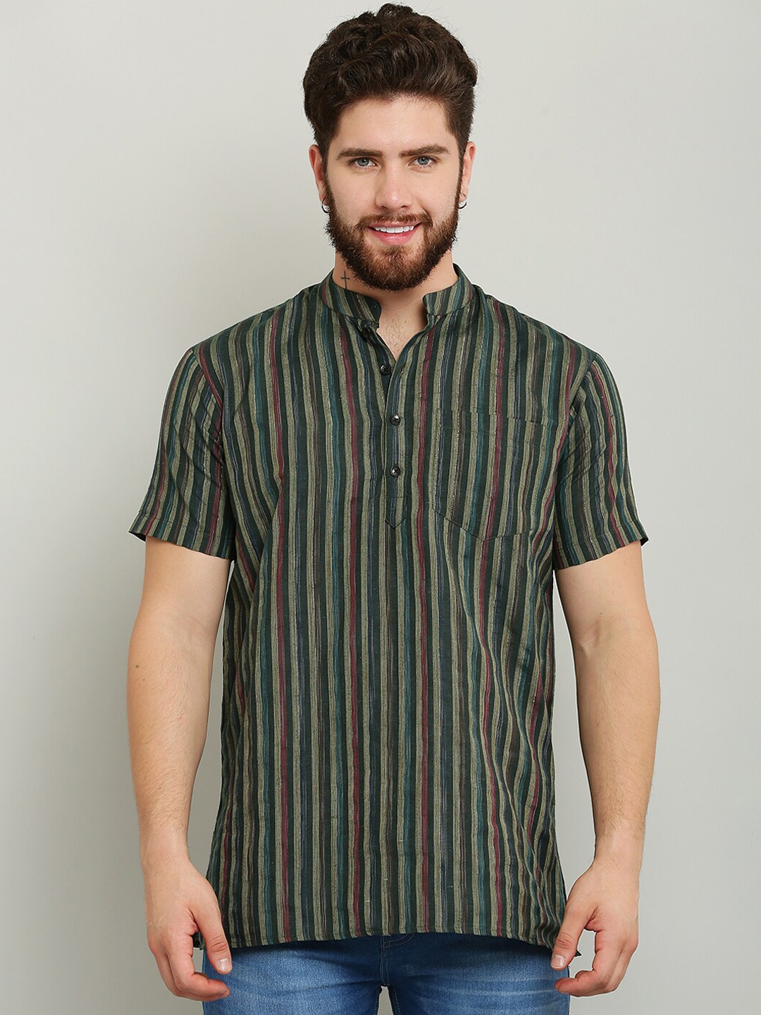 

Waahiba Striped Mandarin Collar Pure Cotton Kurta, Green