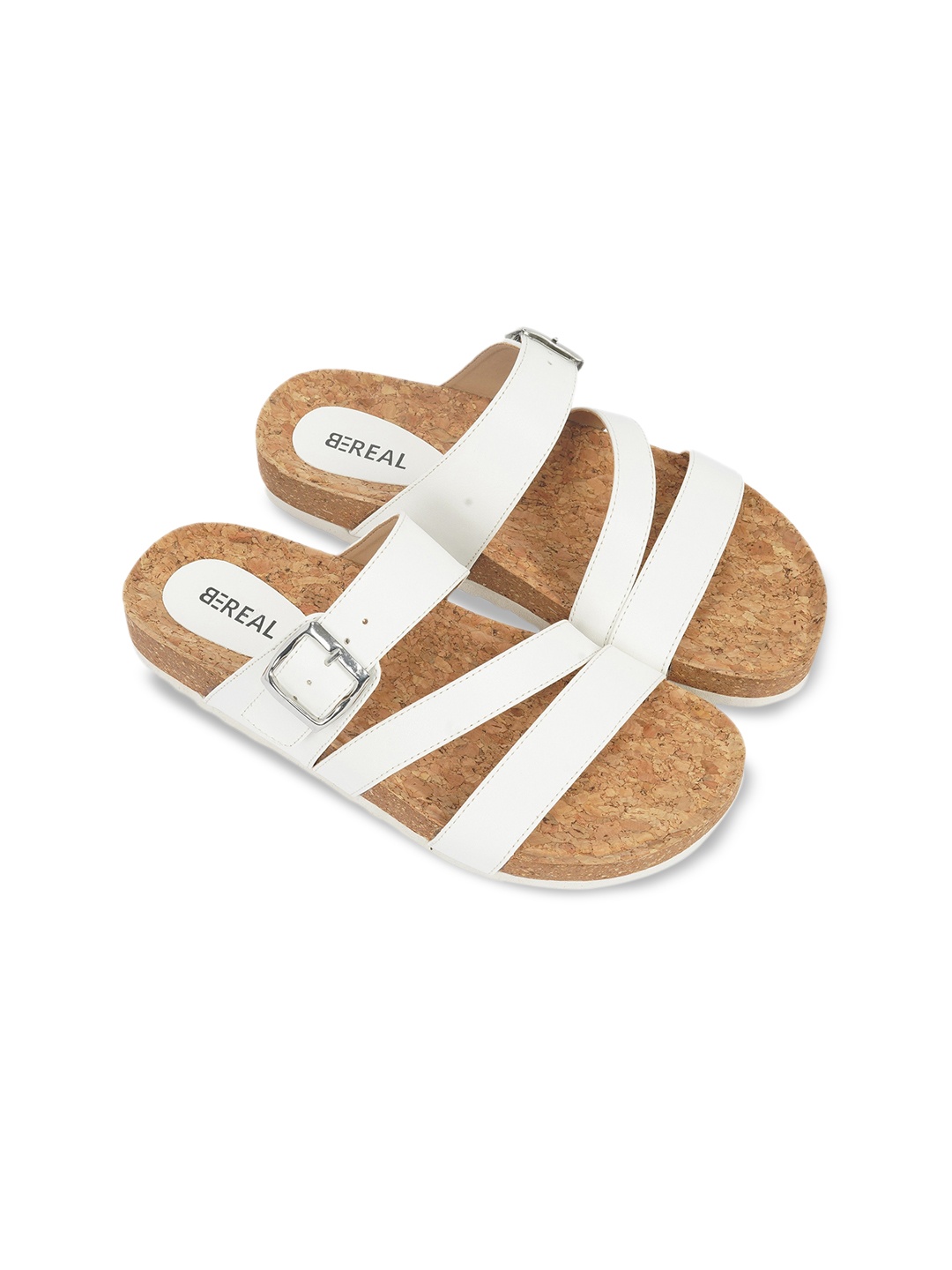 

BEREAL Buckled Open Toe Flats, White
