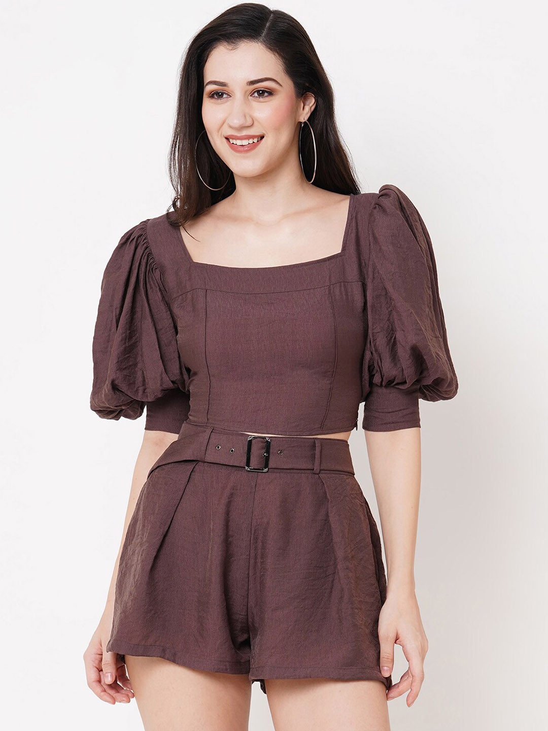 

MISH Square Neck Short Sleeves Top And Shorts, Brown
