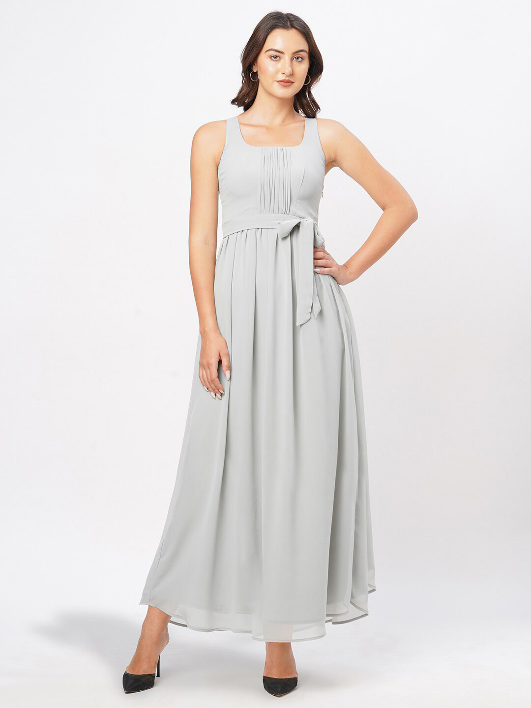 

MISH Square Neck Pleated Fit & Flare Maxi Dress, Grey
