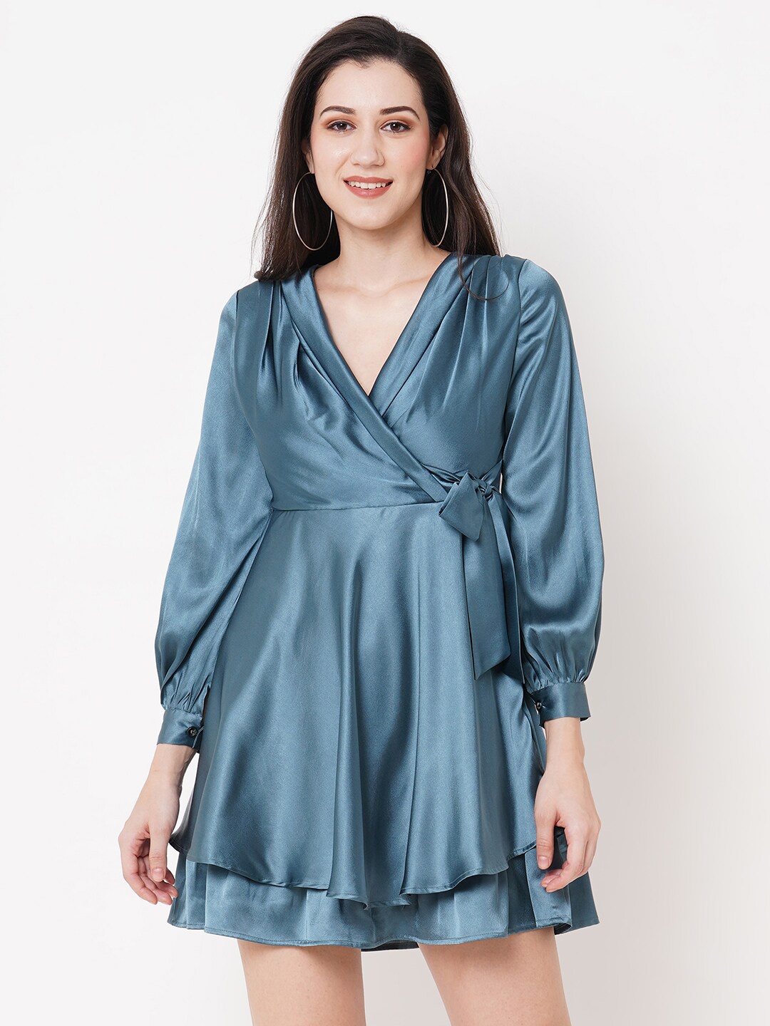

MISH Blue V-Neck Pleated Satin Wrap Mini Dress