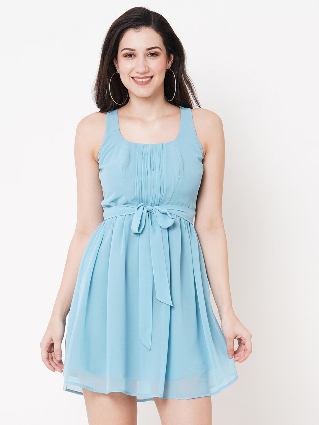 

MISH Square Neck Pleated Fit & Flare Dress, Blue