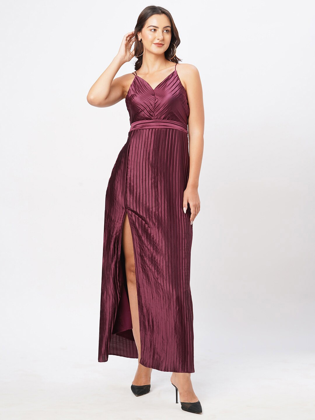 

MISH V-Neck Front Slit Satin Maxi Dress, Maroon