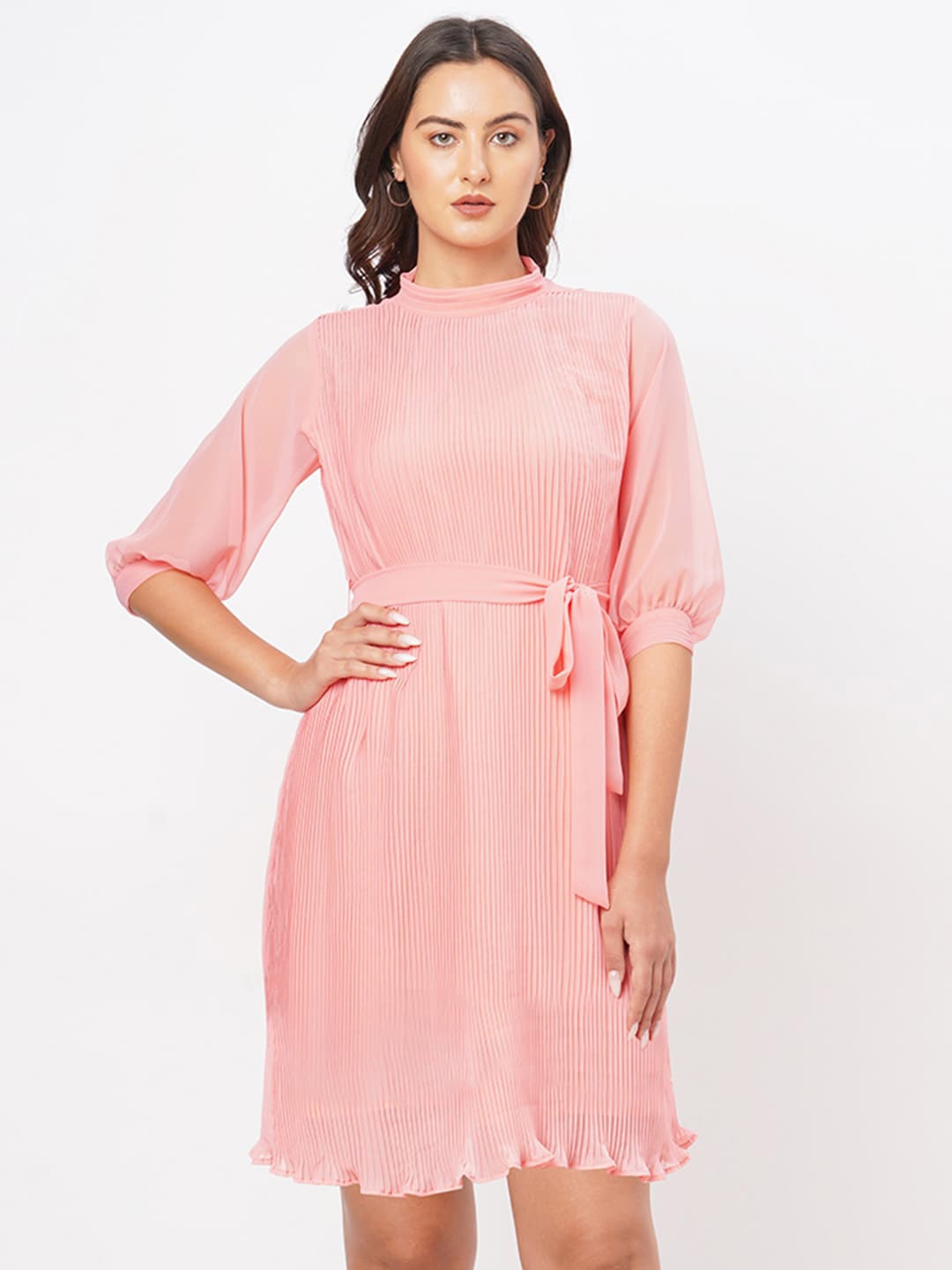 

MISH High Neck Puff Sleeves Georgette Dress, Coral