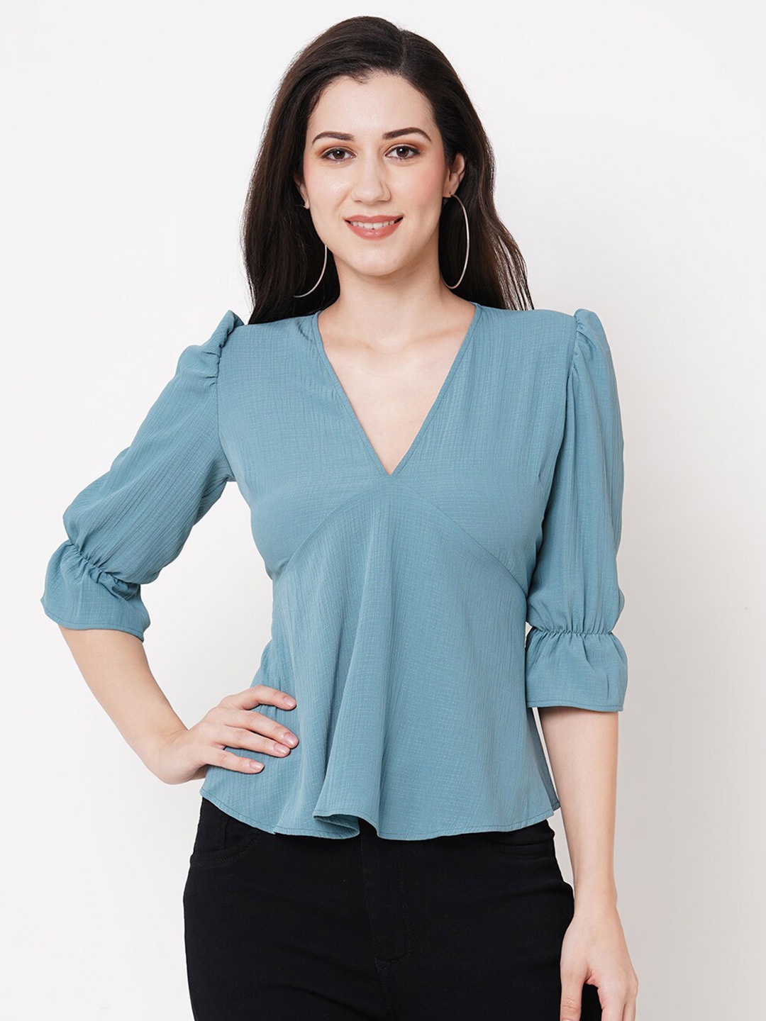 

MISH Puff Sleeves Georgette Top, Blue