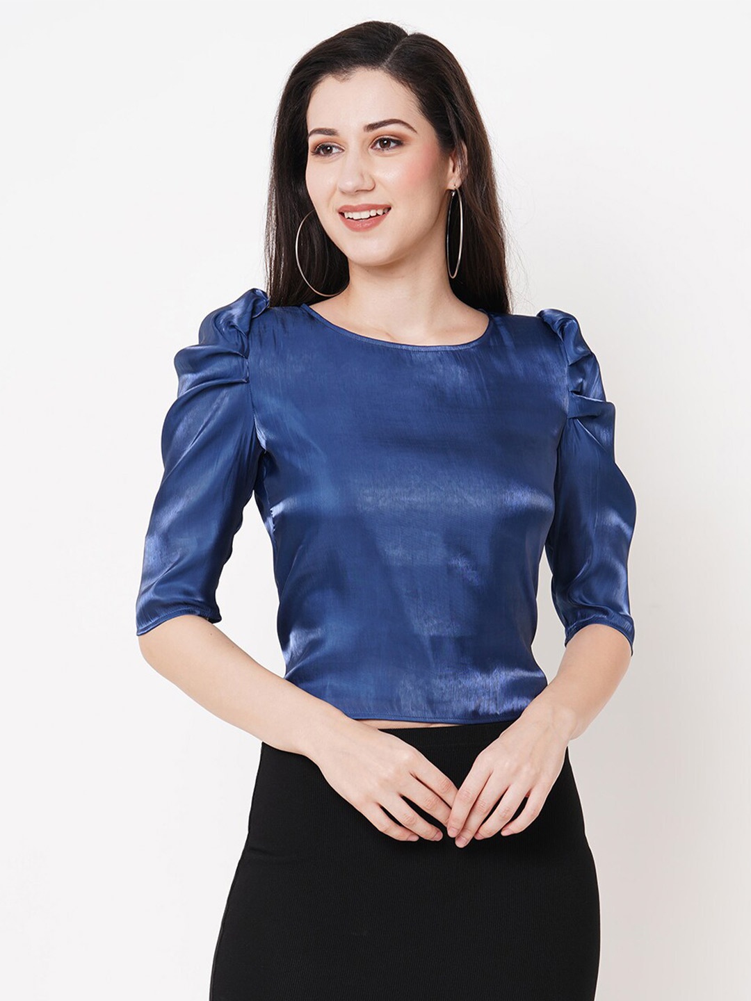 

MISH Round Neck Puff Sleeves Top, Navy blue