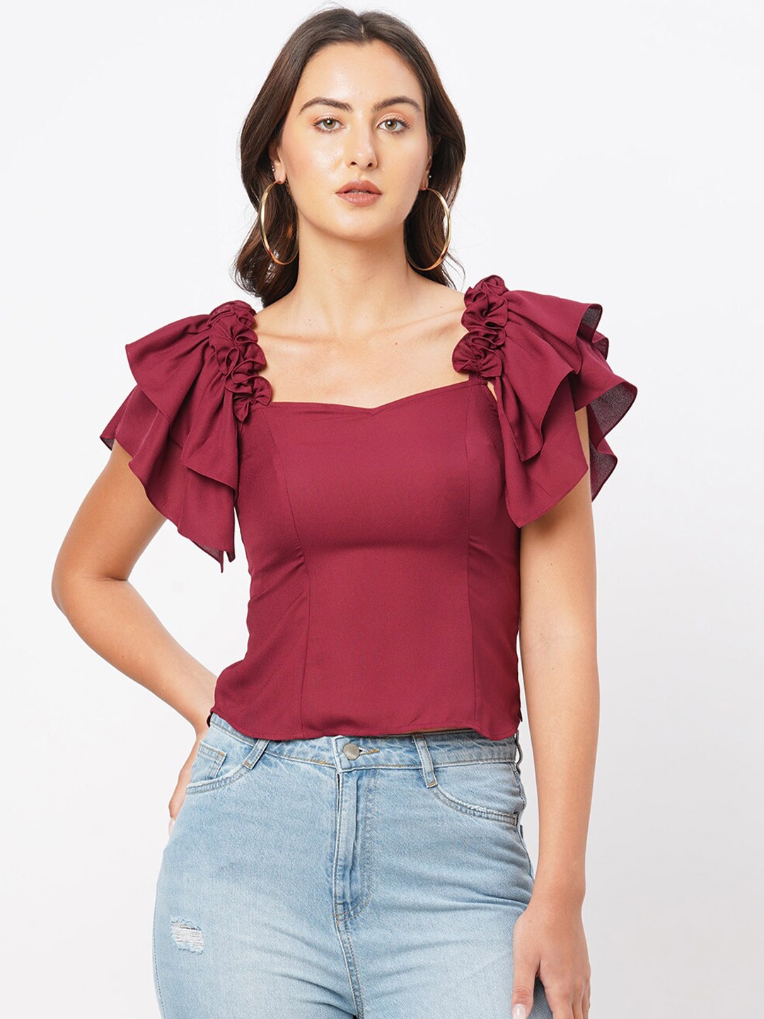 

MISH Sweetheart Neck Ruffles Crepe Top, Maroon