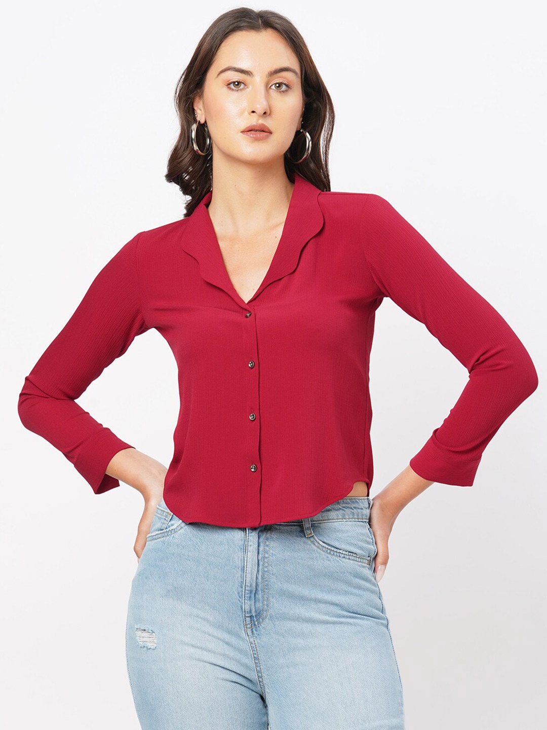 

MISH Long Sleeves Satin Shirt Style Top, Red