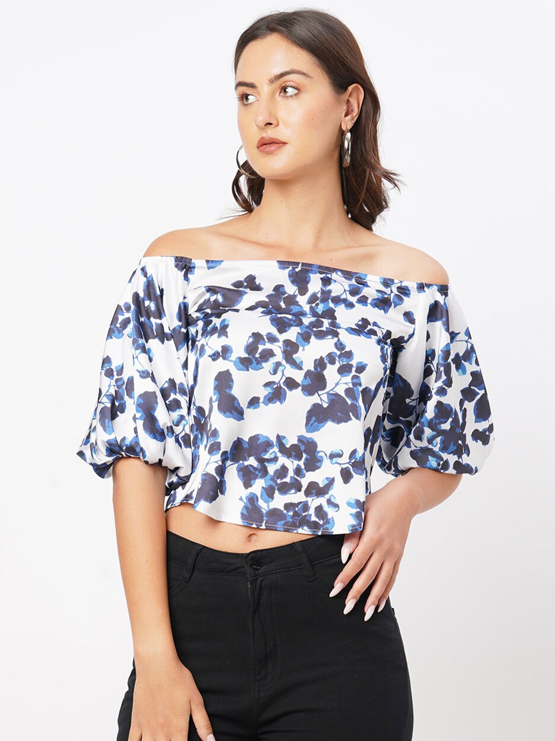 

MISH Floral Print Off-Shoulder Bardot Crop Top, Navy blue