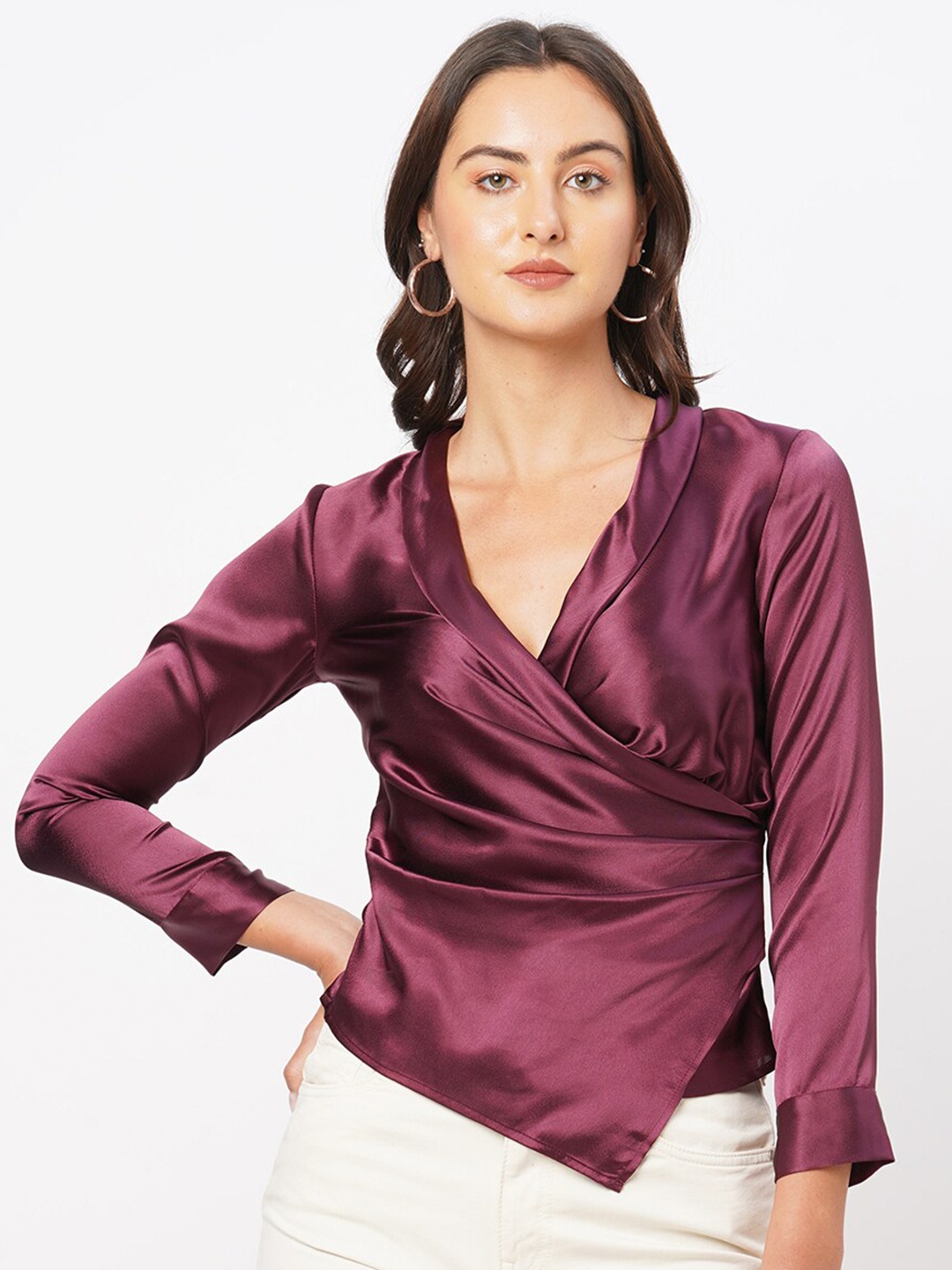 

MISH Cuffed Sleeves V-Neck Satin Wrap Top, Maroon