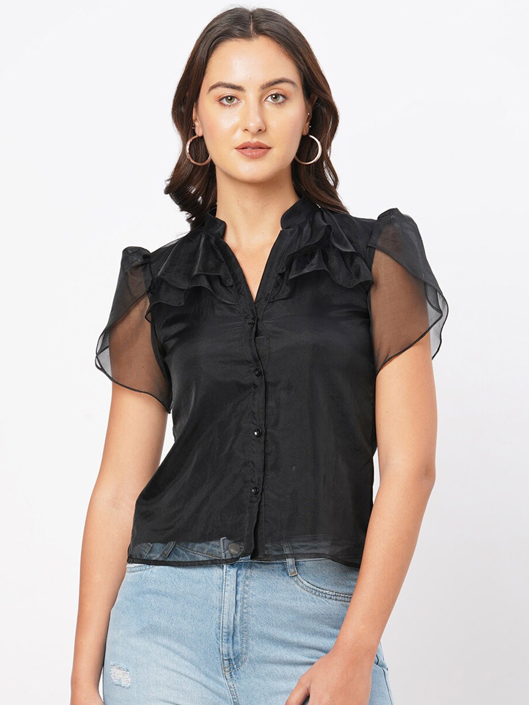 

MISH Ruffles Sheer Shirt Style Top, Black