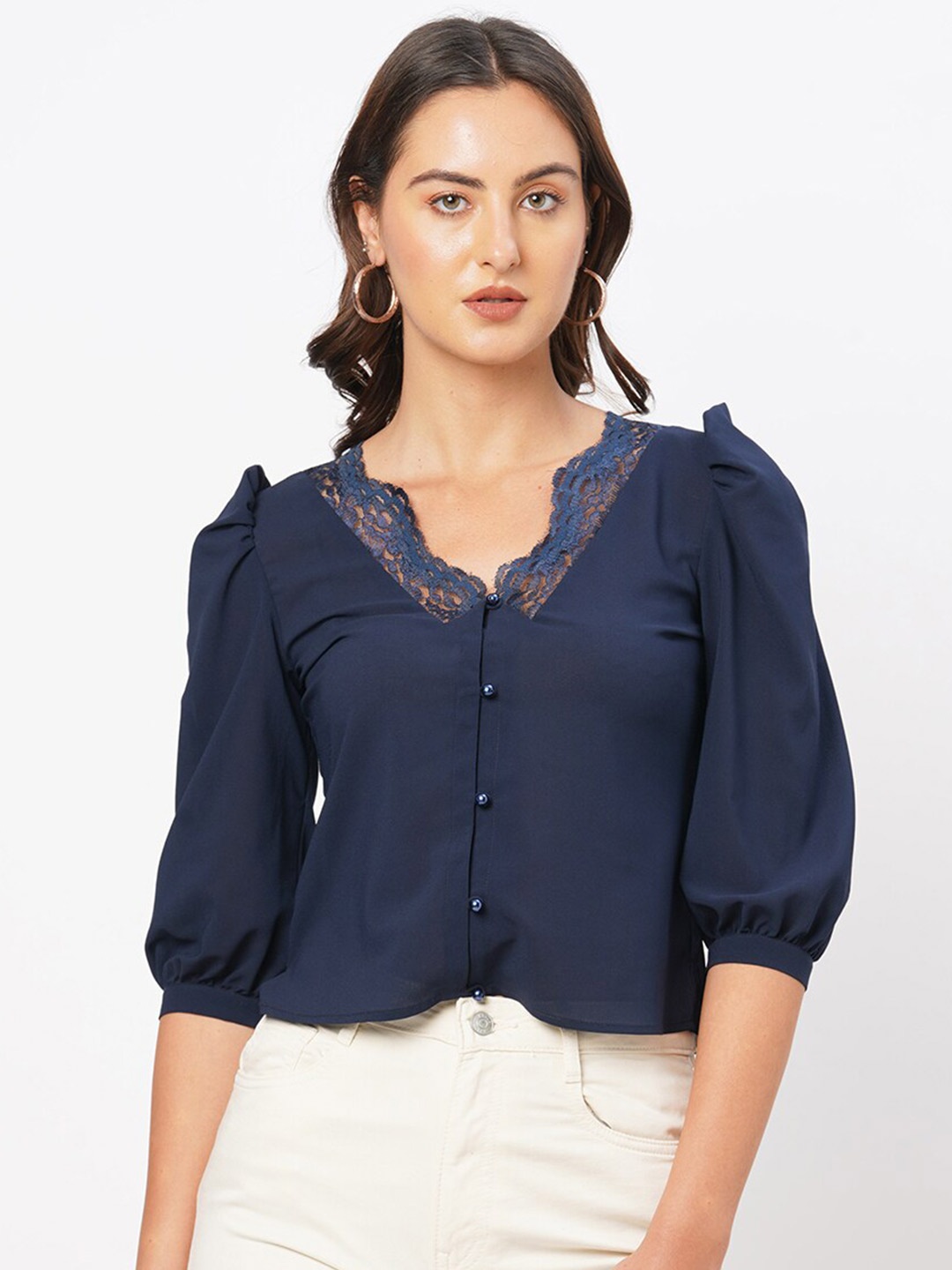 

MISH Puff Sleeves Laced Georgette Top, Navy blue