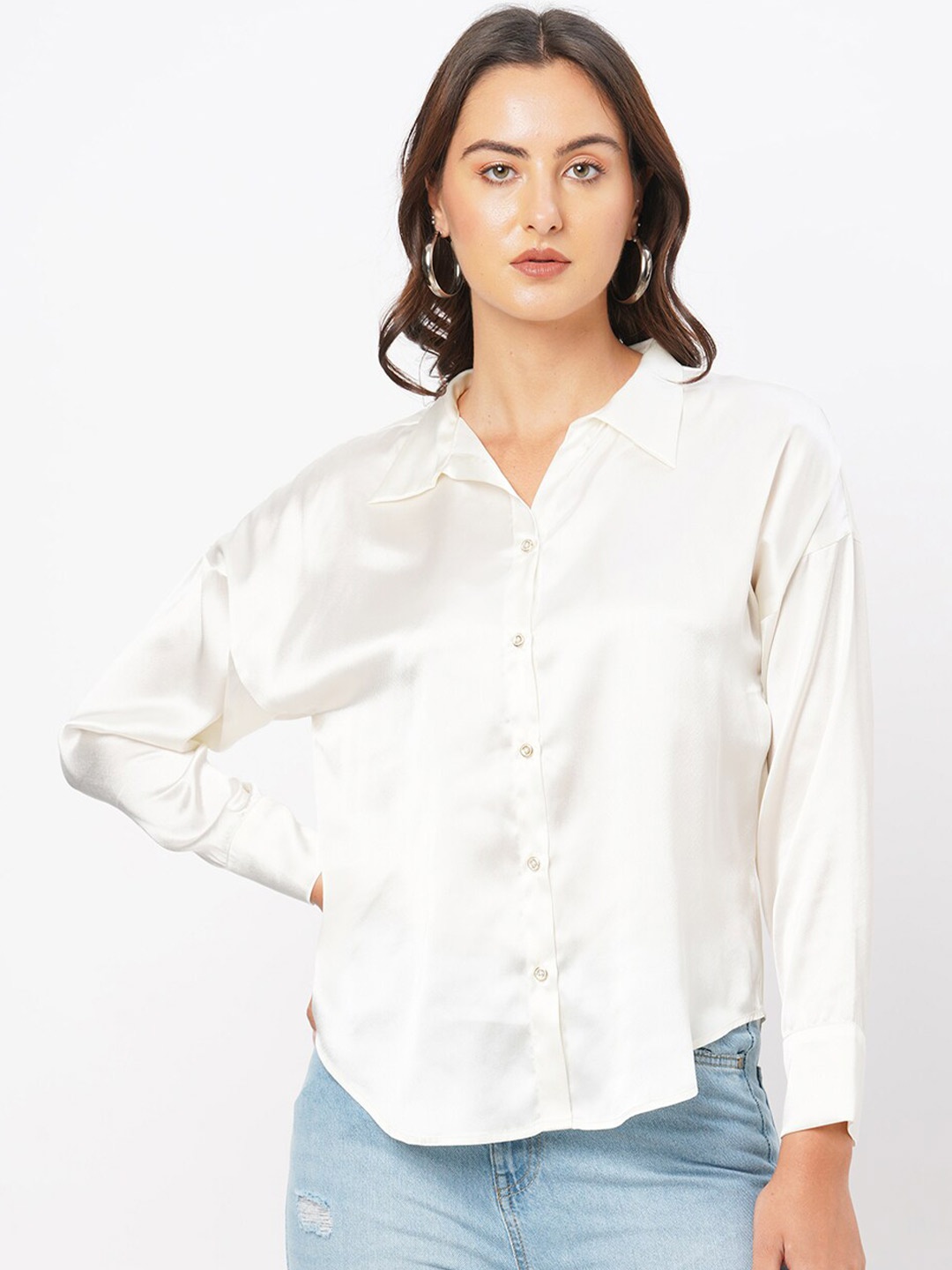 

MISH Cuffed Sleeves Shirt Style Satin Top, White