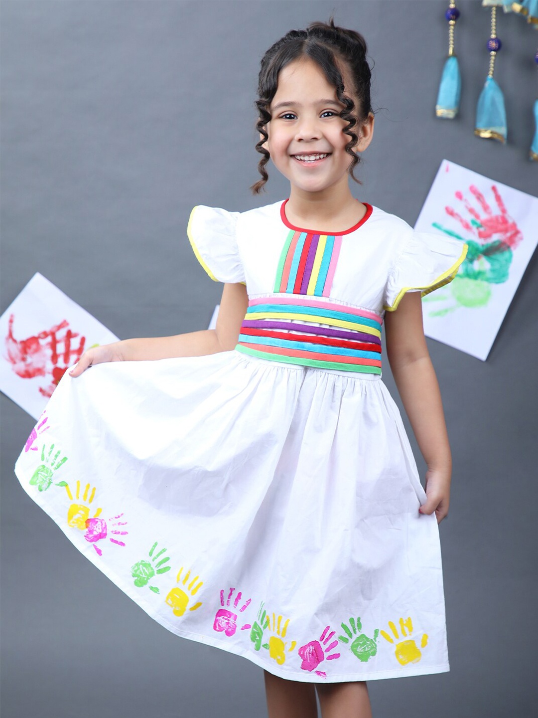 

Beyabella Girls Striped Fit & Flare Dress With Hair Band & Mask, White