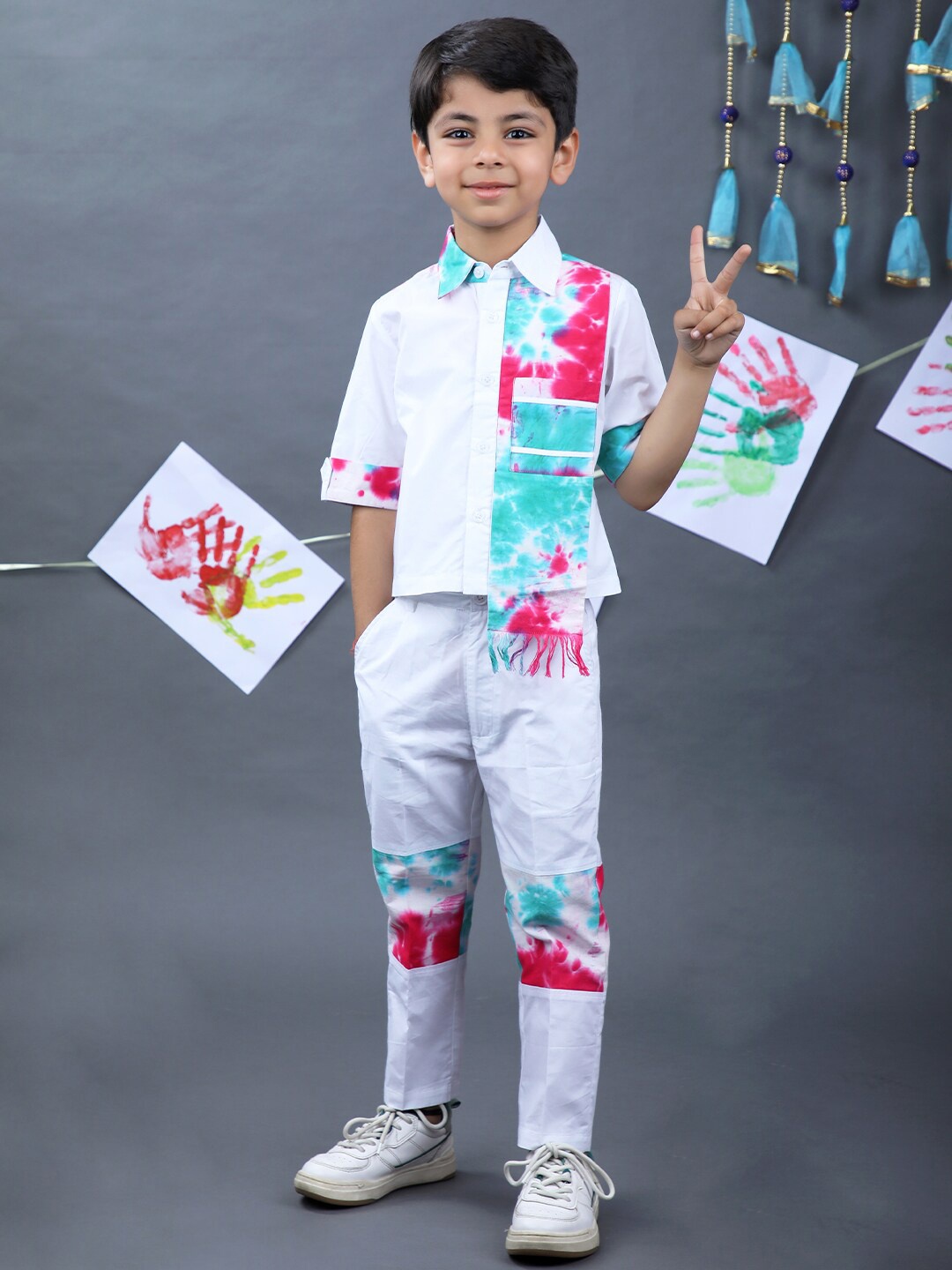 

Beyabella Boys Dyed Cotton Shirt with Trousers With Hand Printed Mask, White