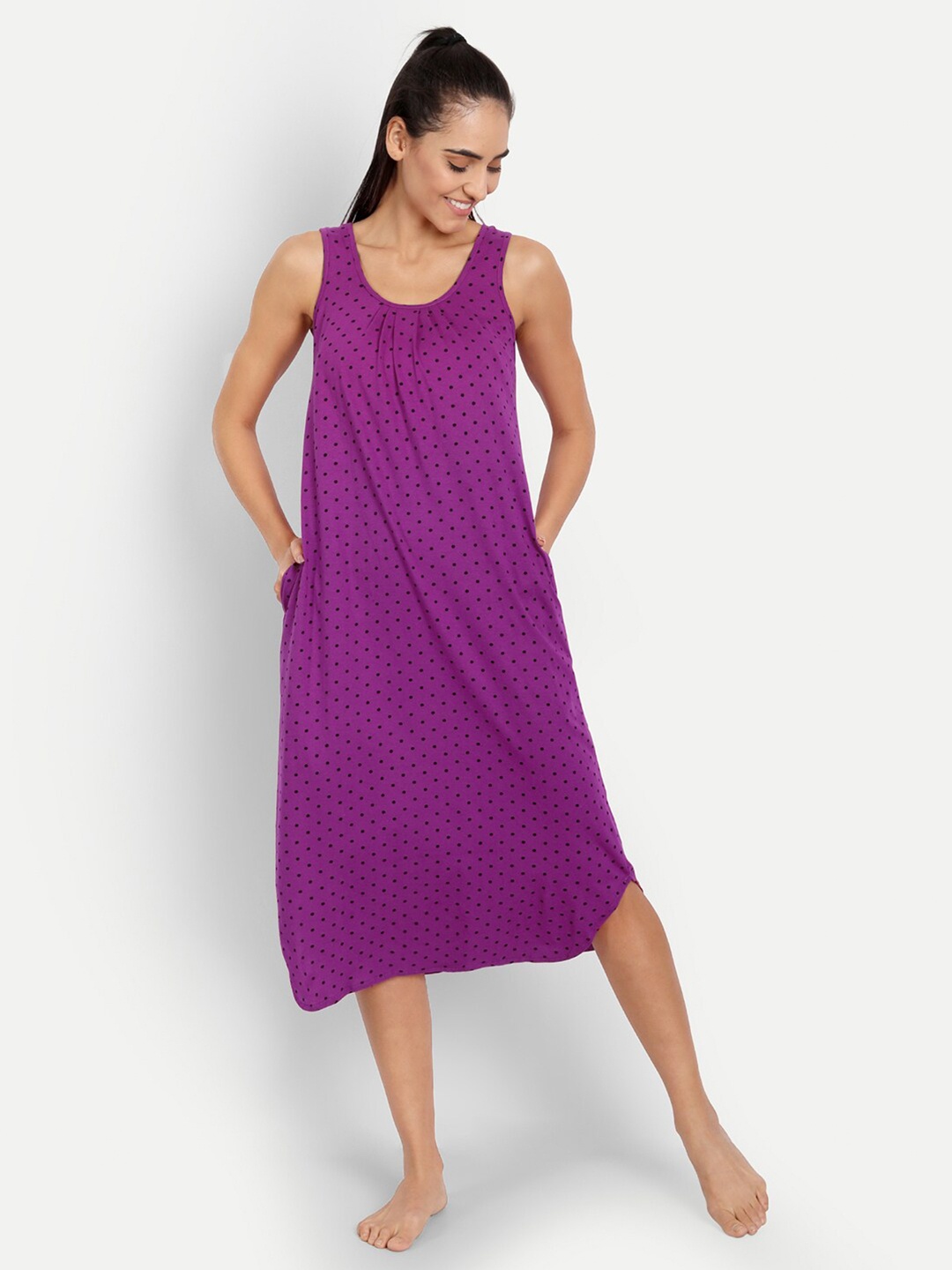 

BLAZON Polka Dots Printed Pure Cotton Nightdress, Violet